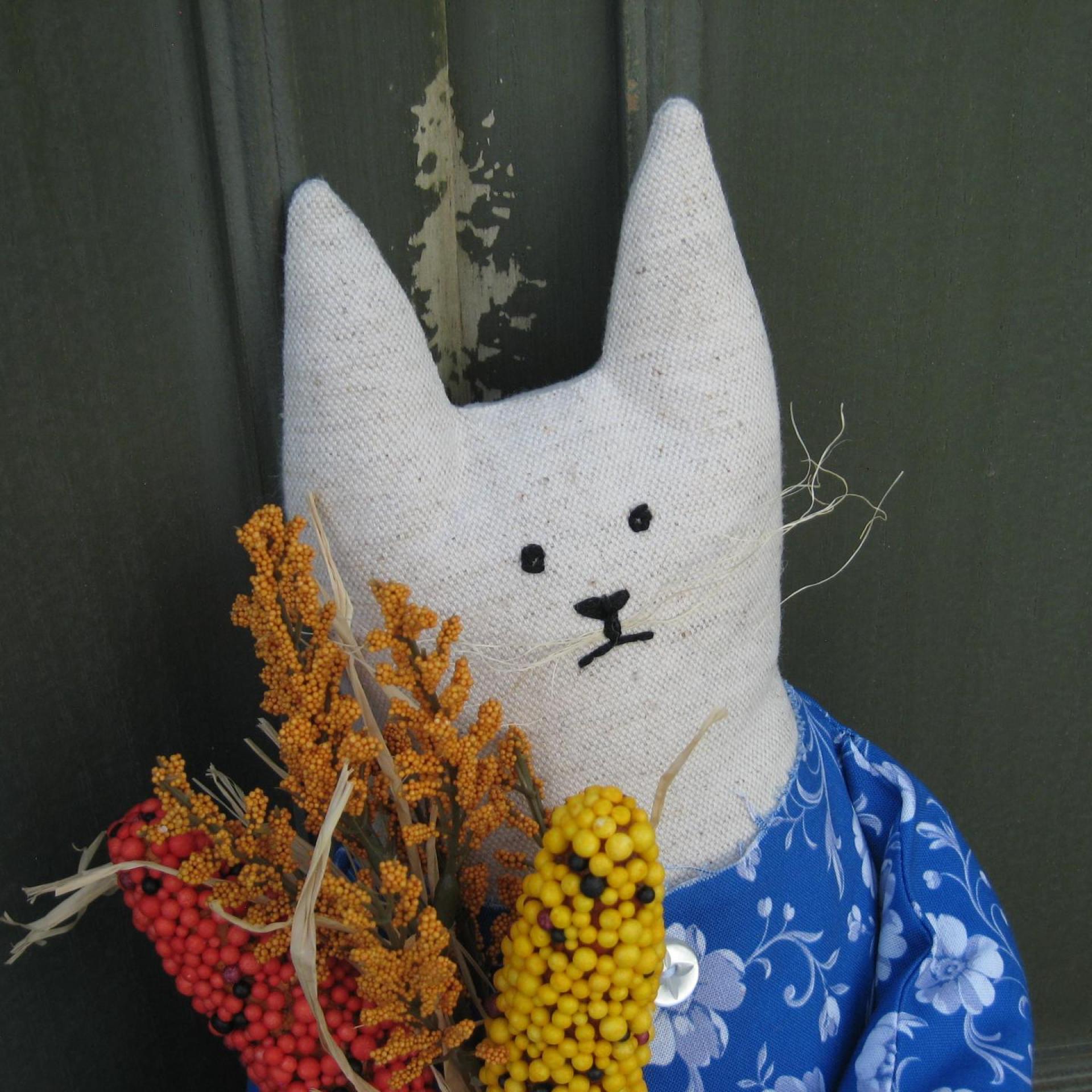 Primitive Cat with Autumn Harvest Bouquet, Albertina Corn Girl #3, Country Cottage Décor
