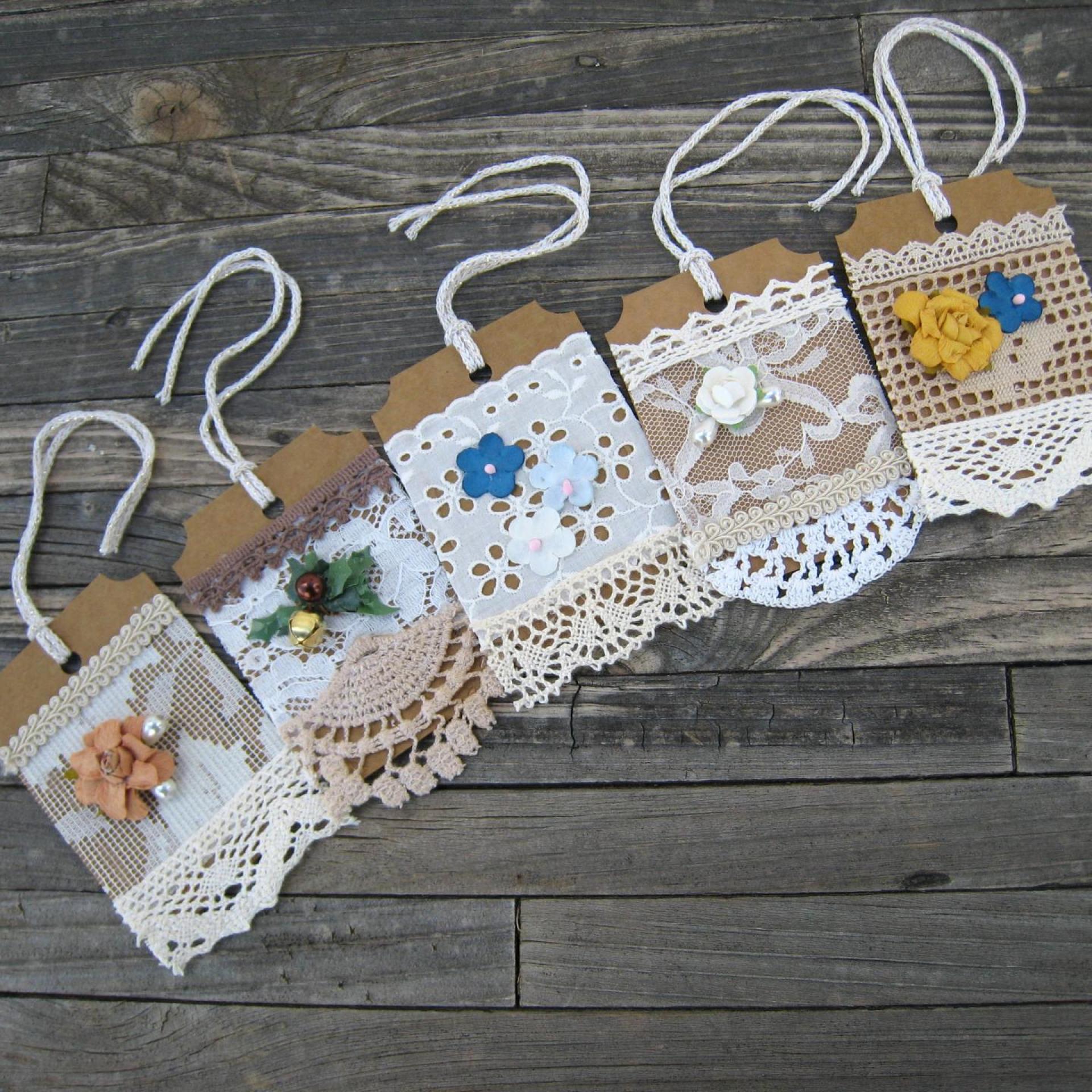 Primitive Lacy Gift Tags, Handmade Hangtags with Flowers and Pearls, Scrapbook Ornaments, Junk Journaling