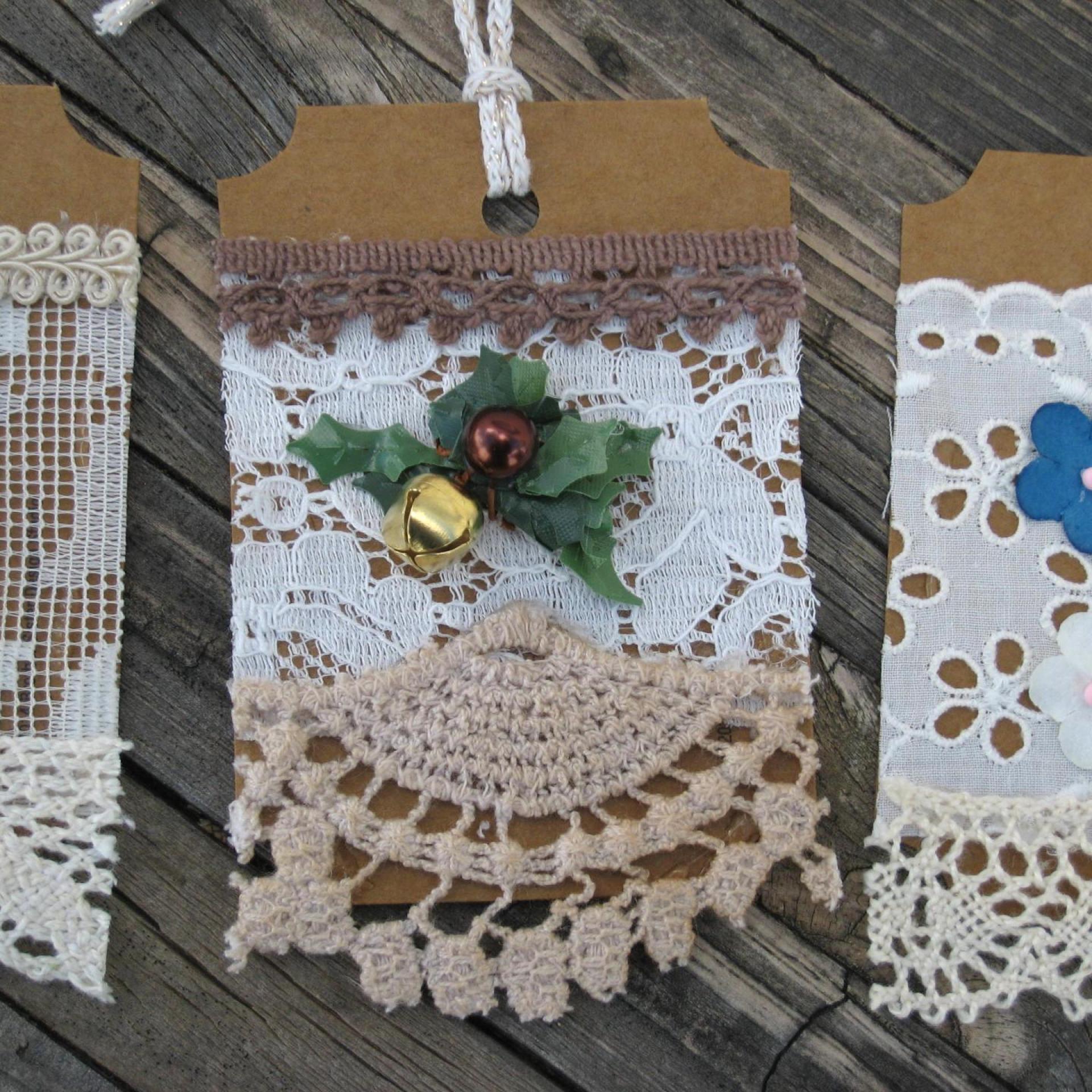 Primitive Lacy Gift Tags, Handmade Hangtags with Flowers and Pearls, Scrapbook Ornaments, Junk Journaling