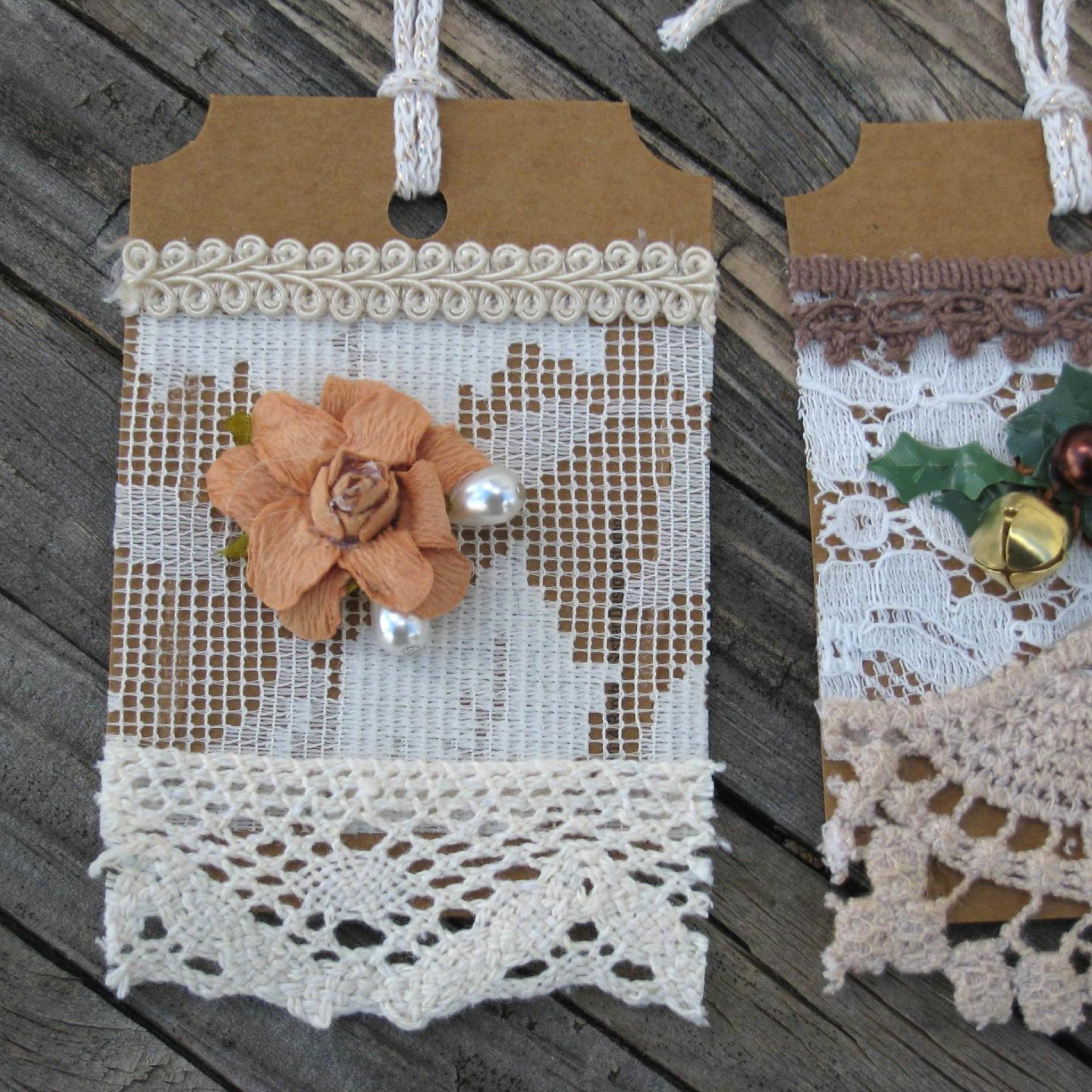 Primitive Lacy Gift Tags, Handmade Hangtags with Flowers and Pearls, Scrapbook Ornaments, Junk Journaling