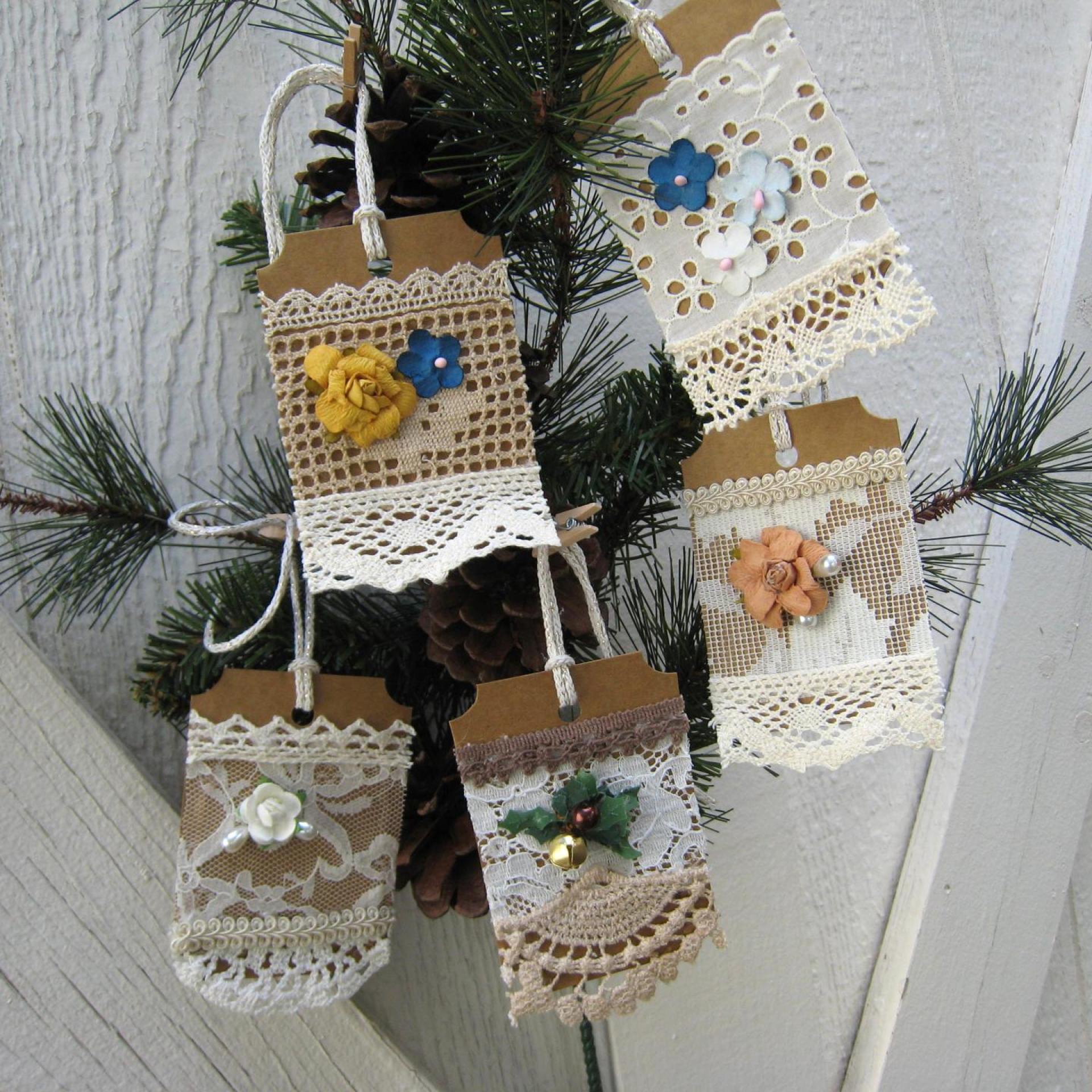 Primitive Lacy Gift Tags, Handmade Hangtags with Flowers and Pearls, Scrapbook Ornaments, Junk Journaling