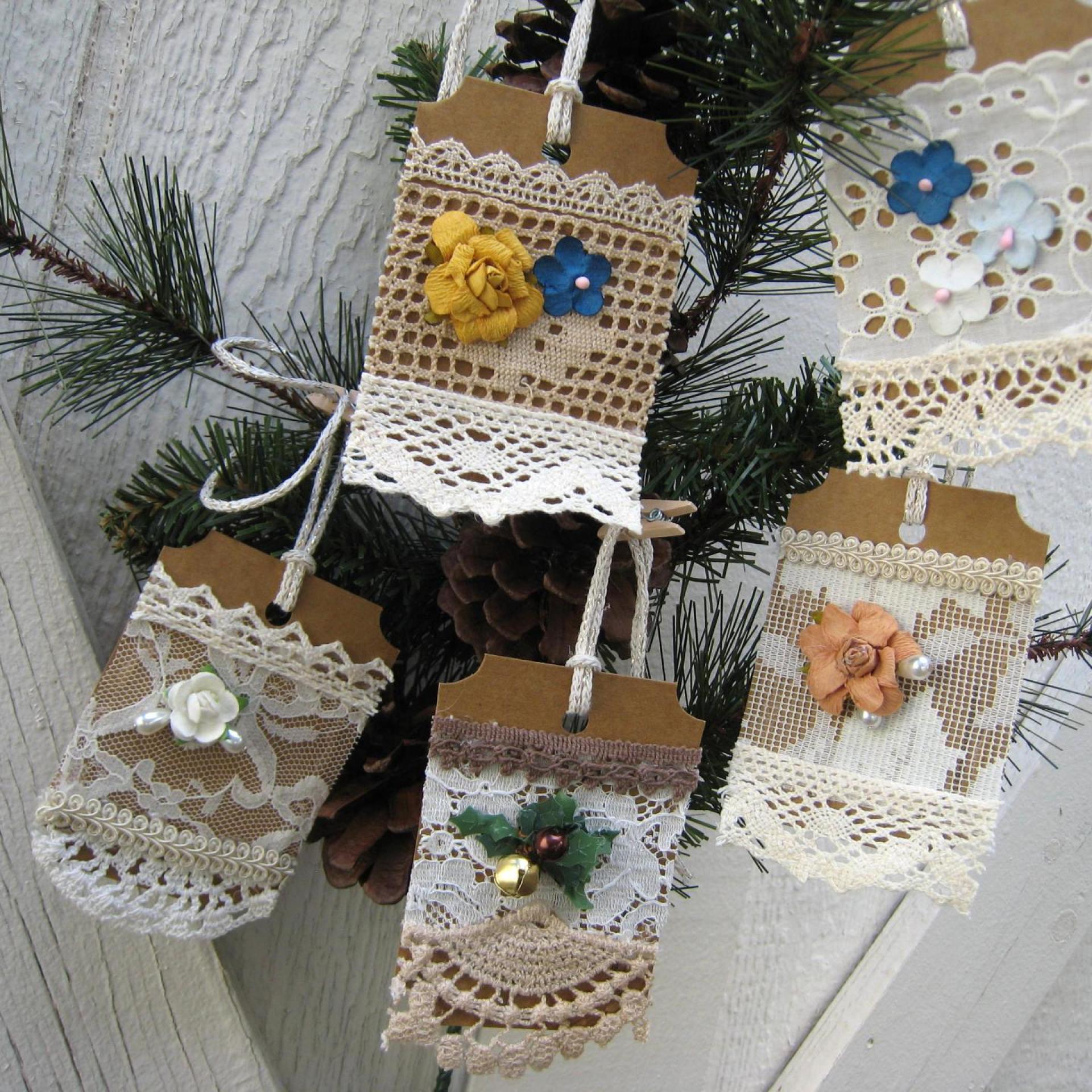 Primitive Lacy Gift Tags, Handmade Hangtags with Flowers and Pearls, Scrapbook Ornaments, Junk Journaling