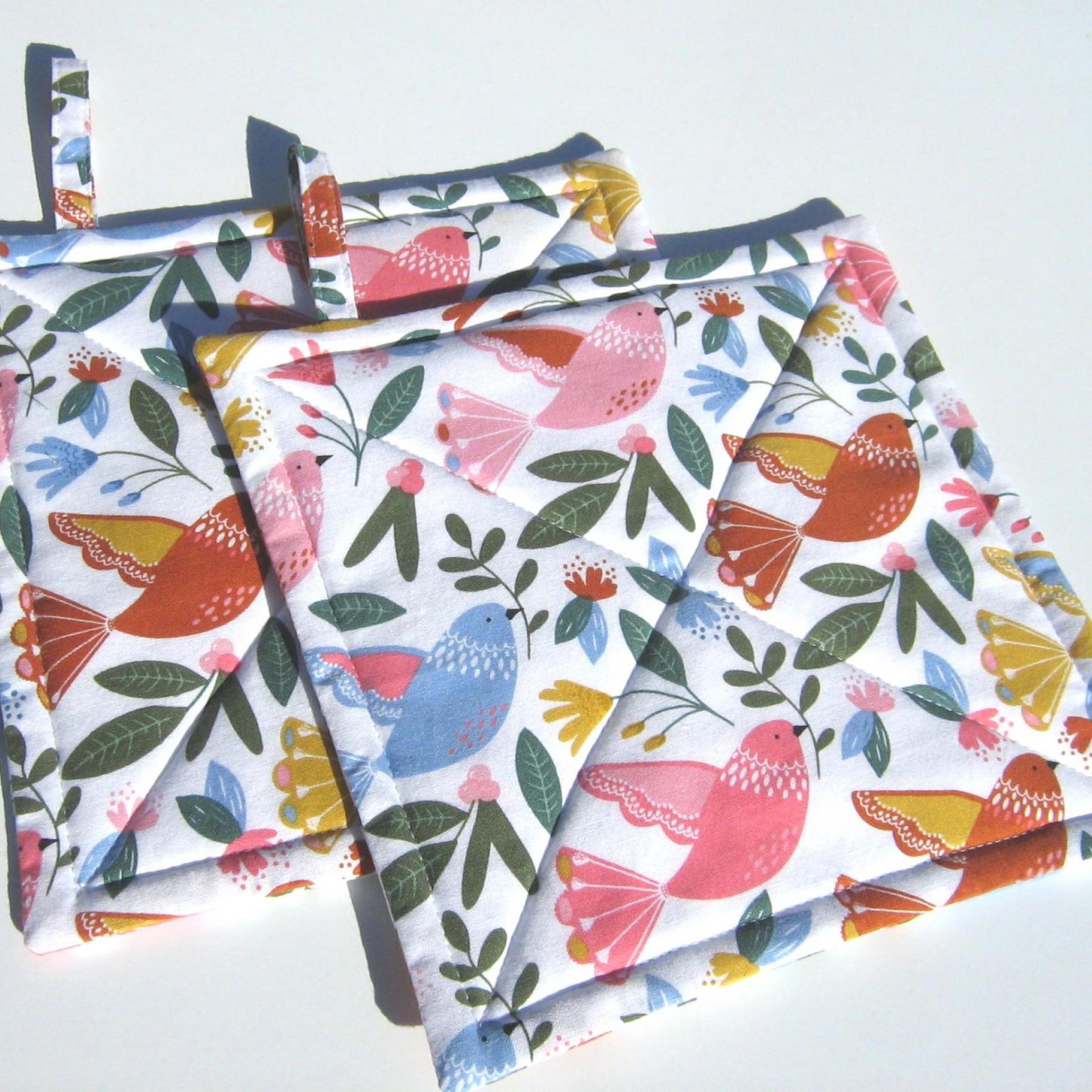 Quilted Bird Potholders, Pastel Birds Hot Pads, Handmade Housewarming Gift