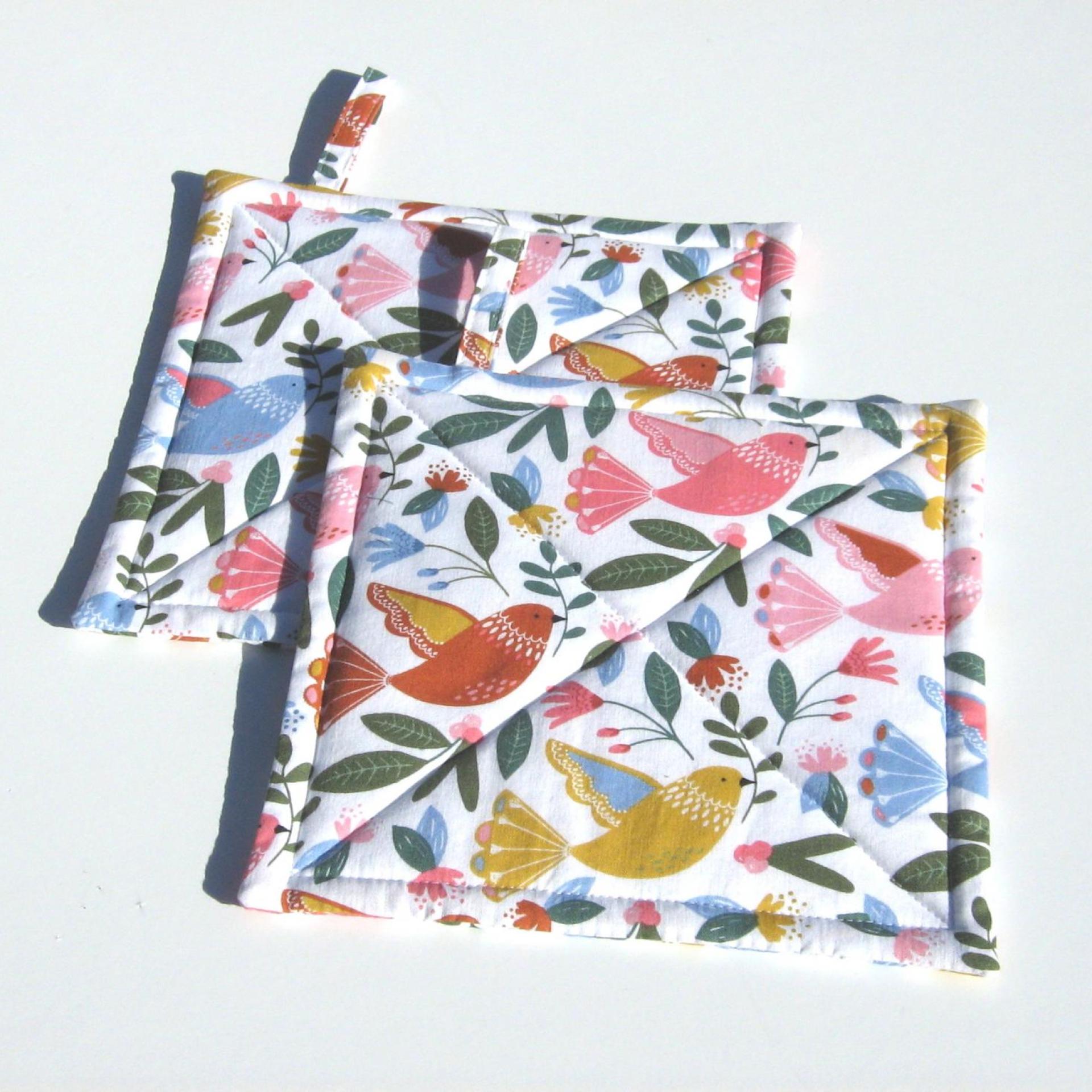 Quilted Bird Potholders, Pastel Birds Hot Pads, Handmade Housewarming Gift