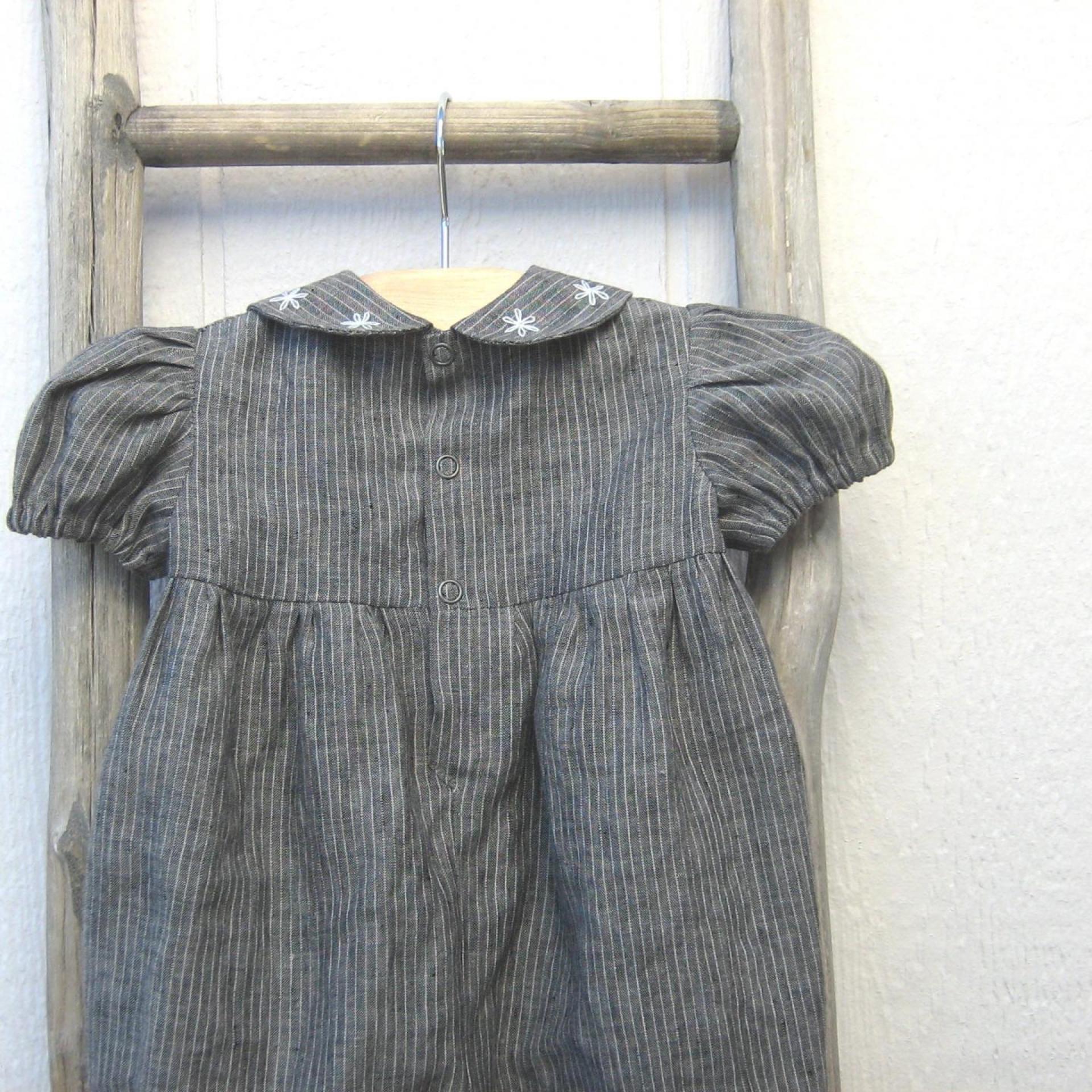  Baby Romper in Gray Pinstripe Linen with Hand-Embroidered Collar, Short-Sleeved 1-Pc. Linen Outfit for 3-to-6-Month-Old Baby