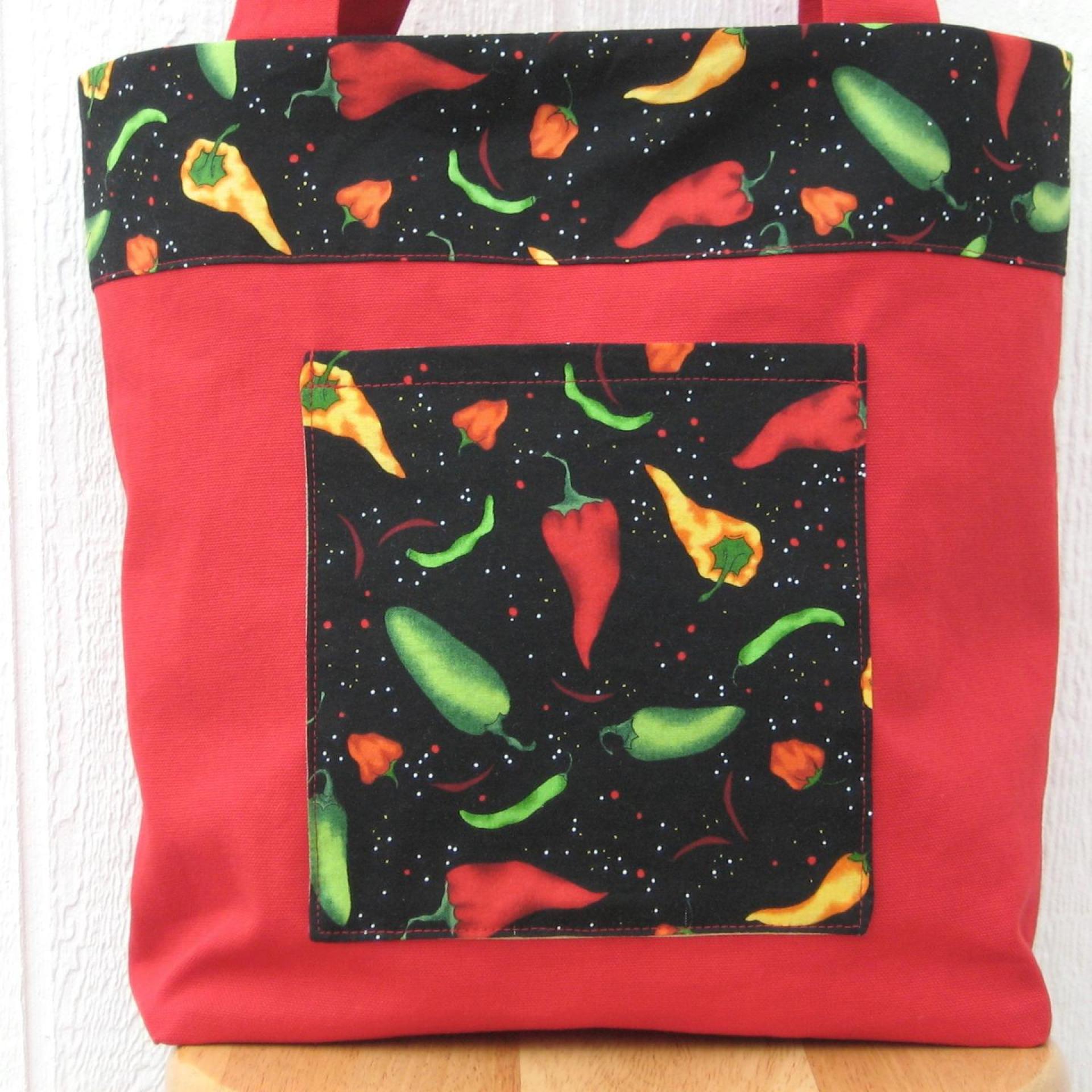 Chile Pepper Shopping Bag, Red Canvas Tote with Green, Yellow, Red and Black Chile Pepper Trim, USA Handmade