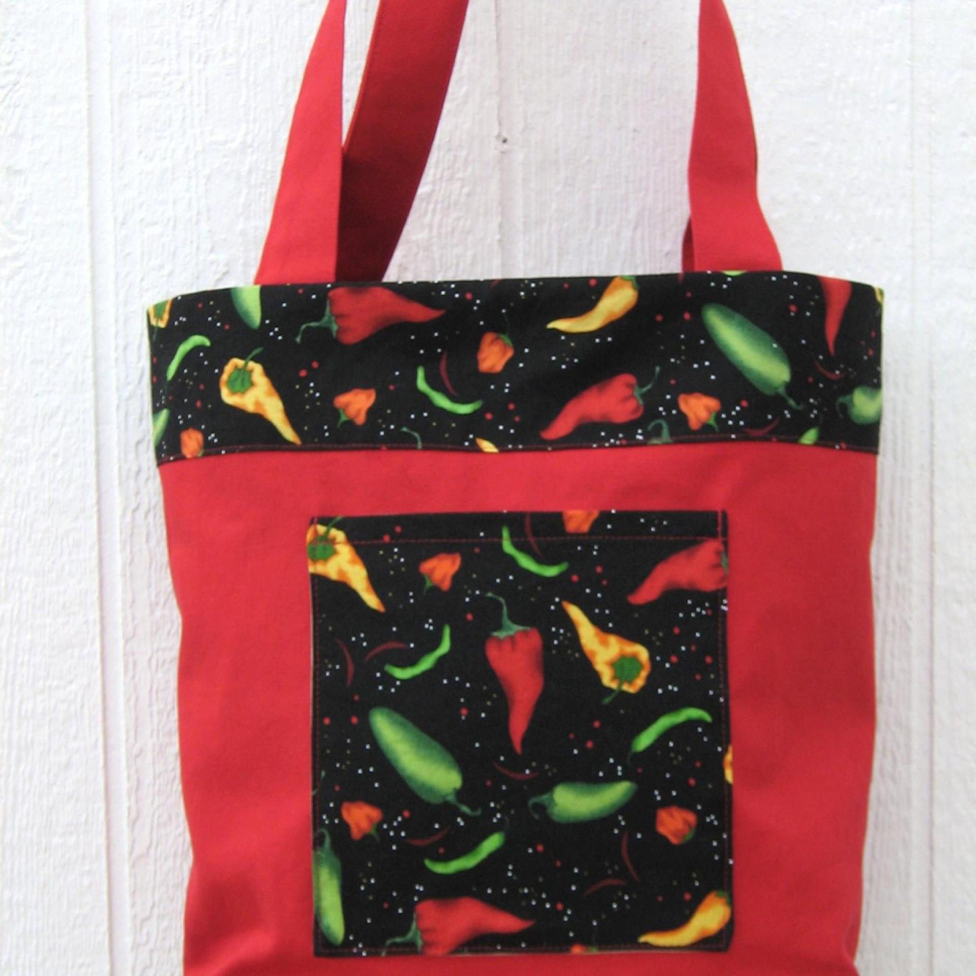 Chile Pepper Shopping Bag, Red Canvas Tote with Green, Yellow, Red and Black Chile Pepper Trim, USA Handmade