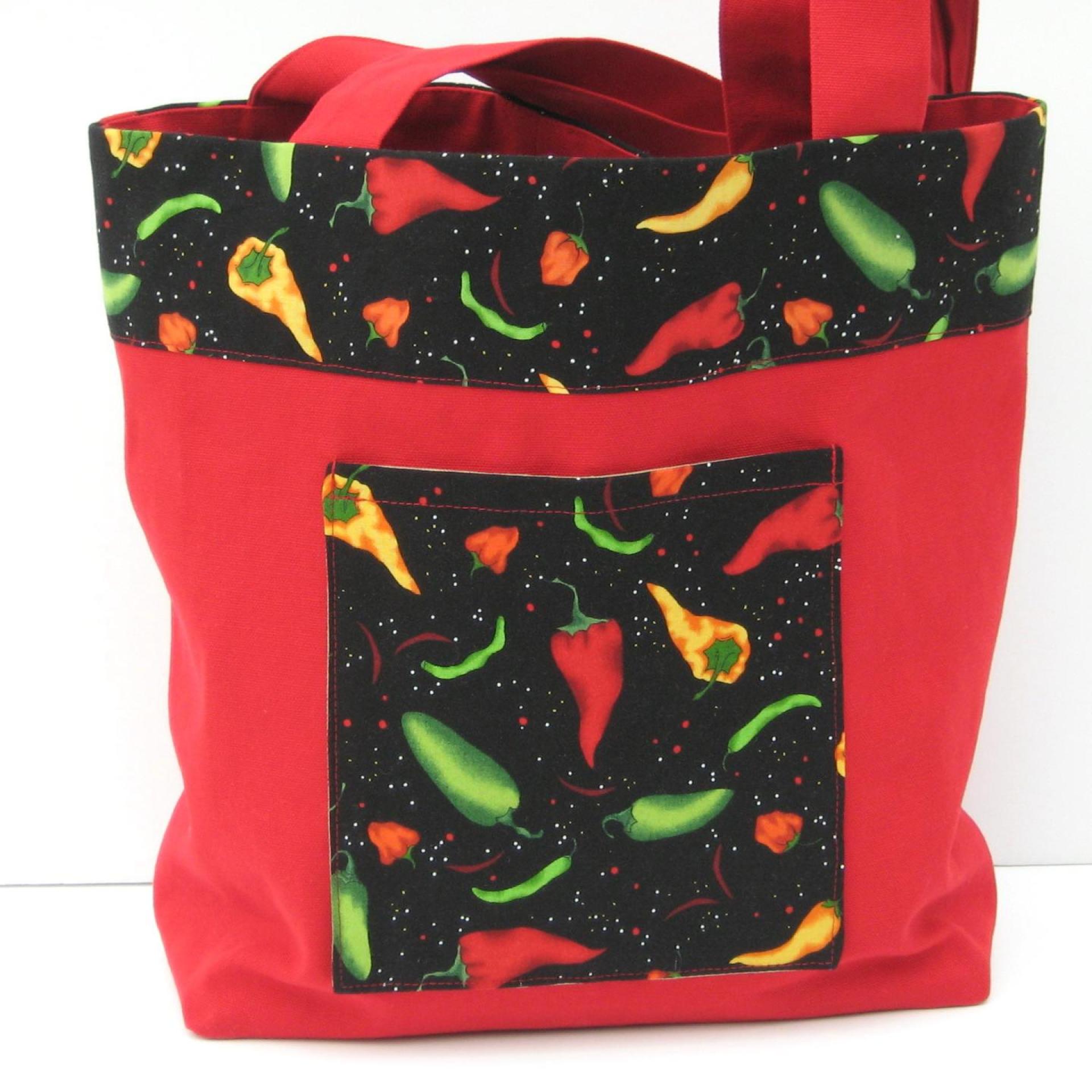 Chile Pepper Shopping Bag, Red Canvas Tote with Green, Yellow, Red and Black Chile Pepper Trim, USA Handmade