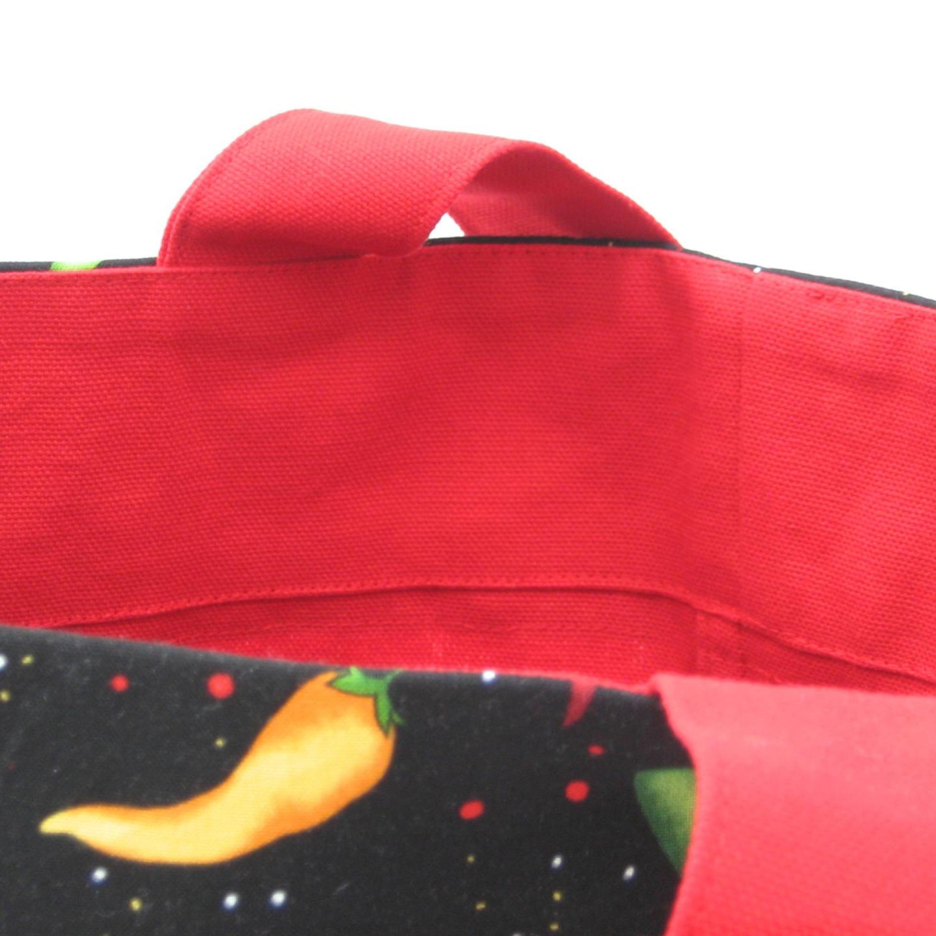 Chile Pepper Shopping Bag, Red Canvas Tote with Green, Yellow, Red and Black Chile Pepper Trim, USA Handmade