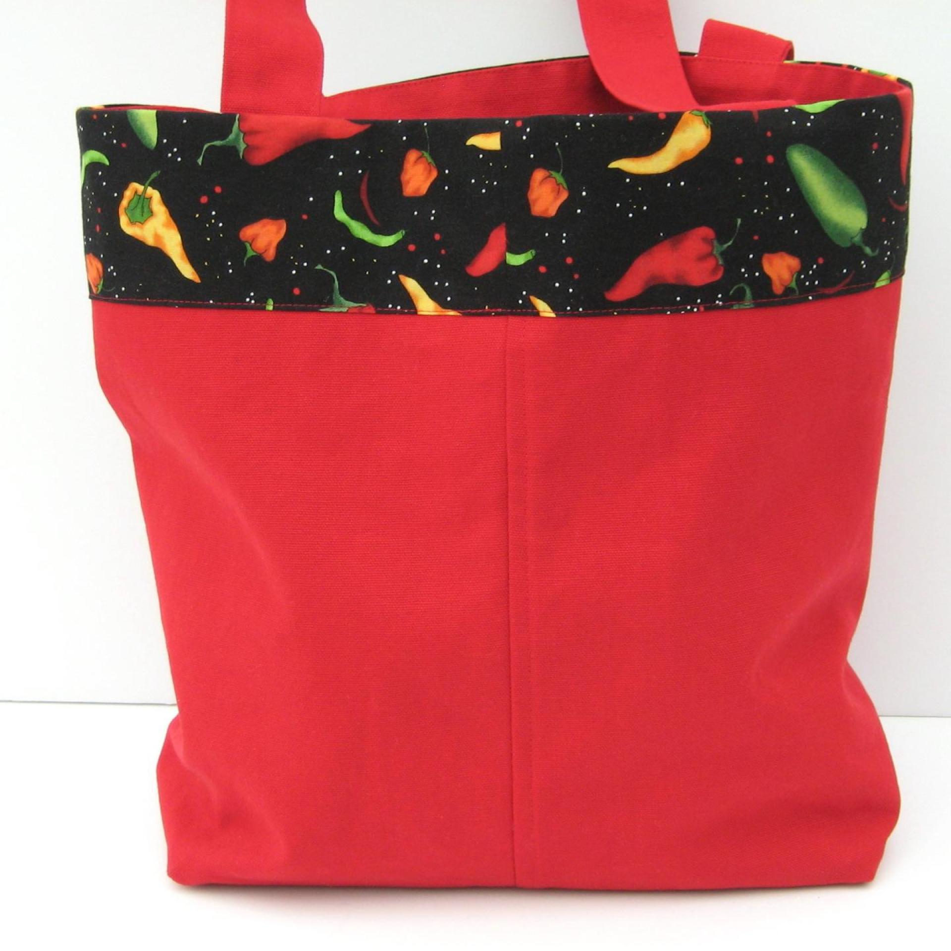 Chile Pepper Shopping Bag, Red Canvas Tote with Green, Yellow, Red and Black Chile Pepper Trim, USA Handmade