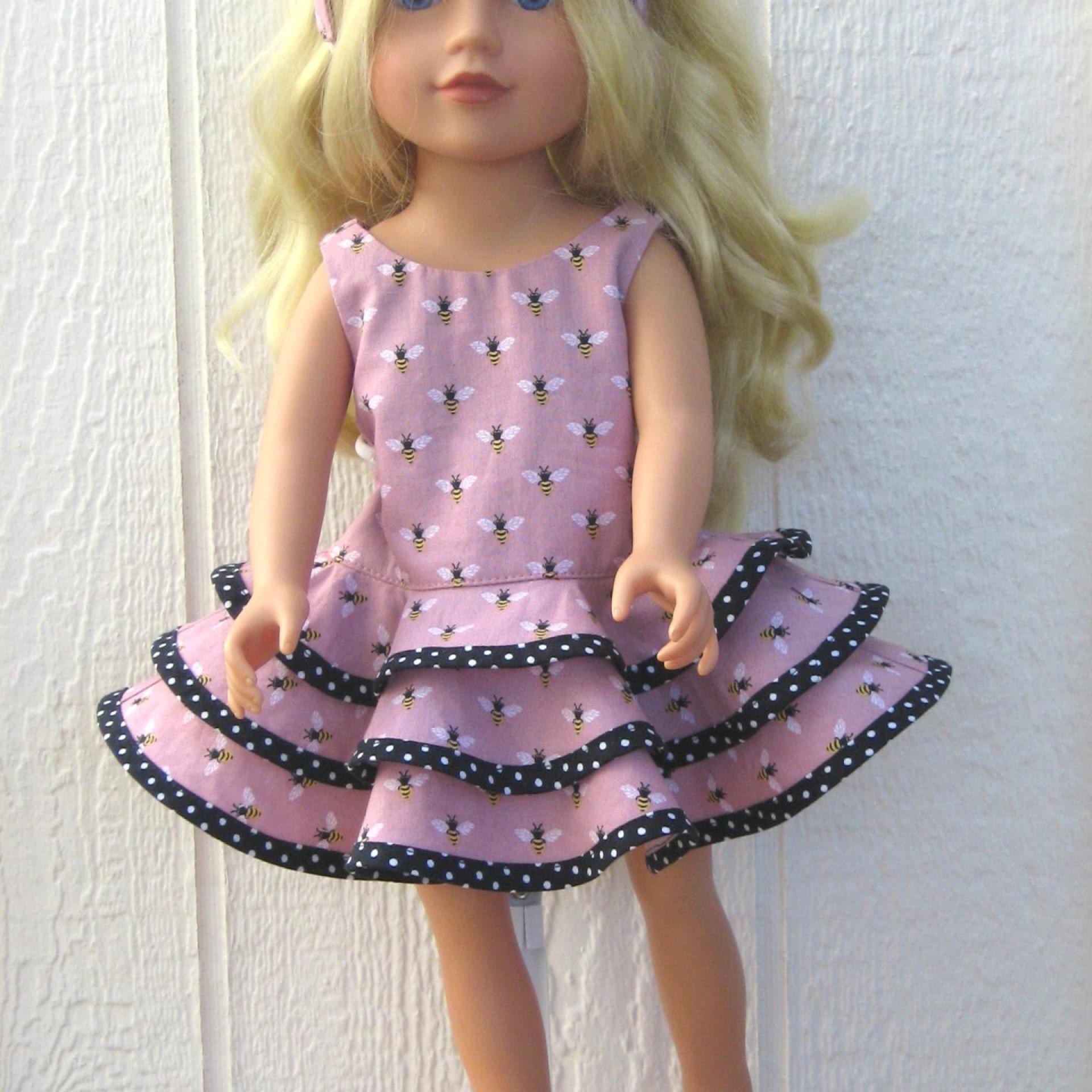 Dusty Pink Ruffled Dress for 18-inch Doll, Matching Bag and Headband, Bees and Polka Dots, Travel or Summer Party Outfit
