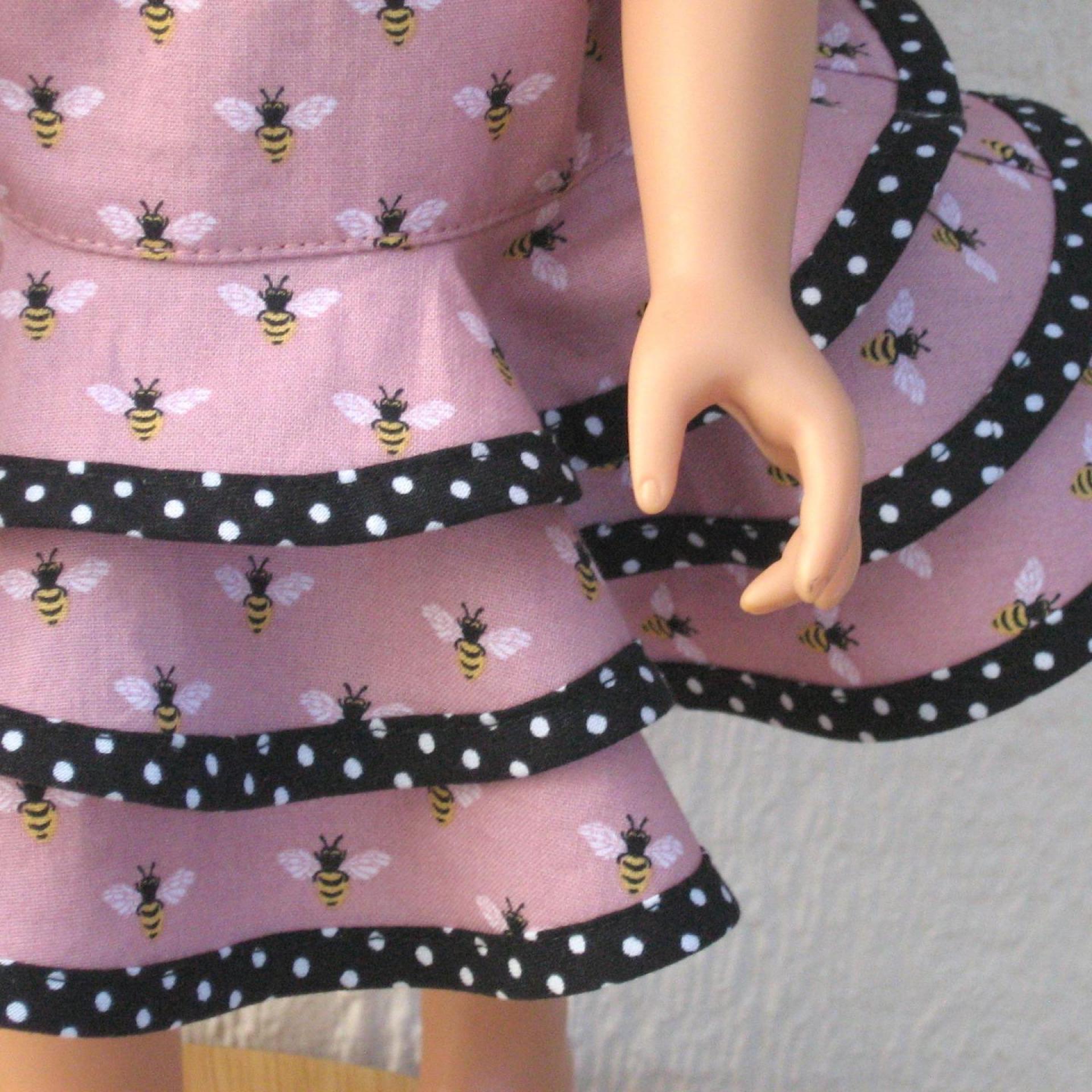 Dusty Pink Ruffled Dress for 18-inch Doll, Matching Bag and Headband, Bees and Polka Dots, Travel or Summer Party Outfit