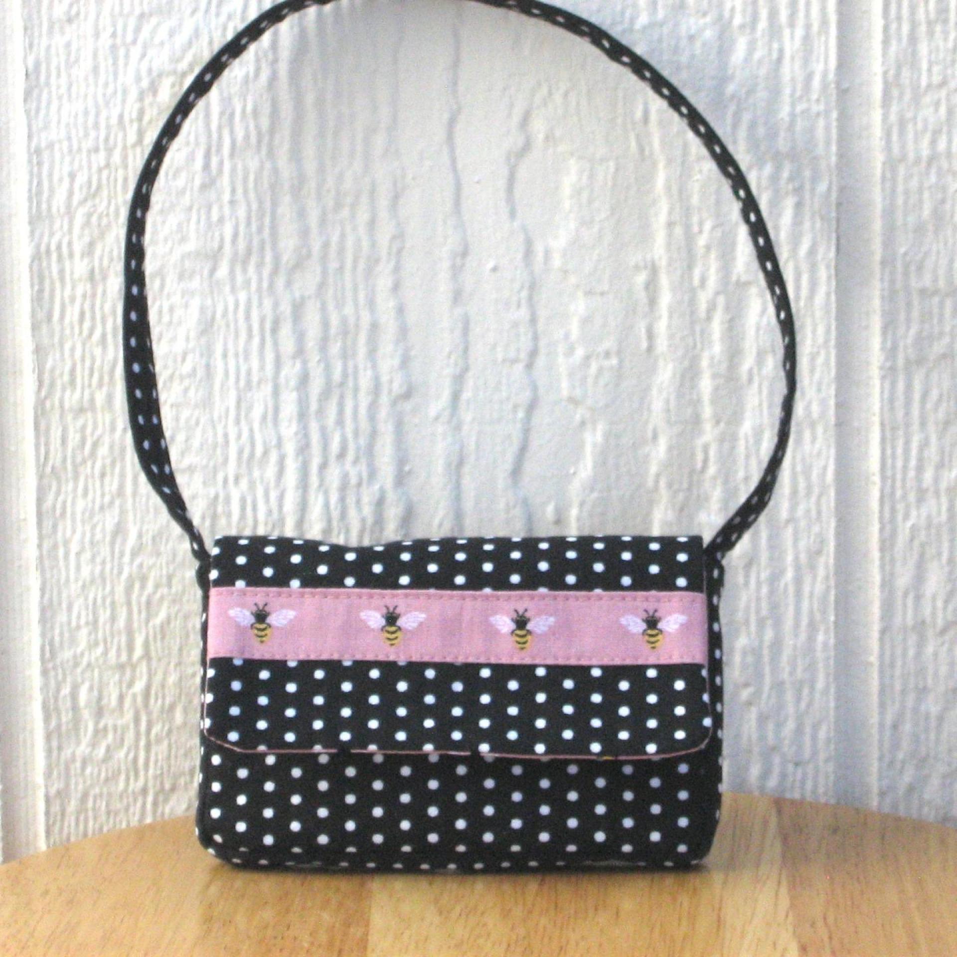 Dusty Pink Ruffled Dress for 18-inch Doll, Matching Bag and Headband, Bees and Polka Dots, Travel or Summer Party Outfit