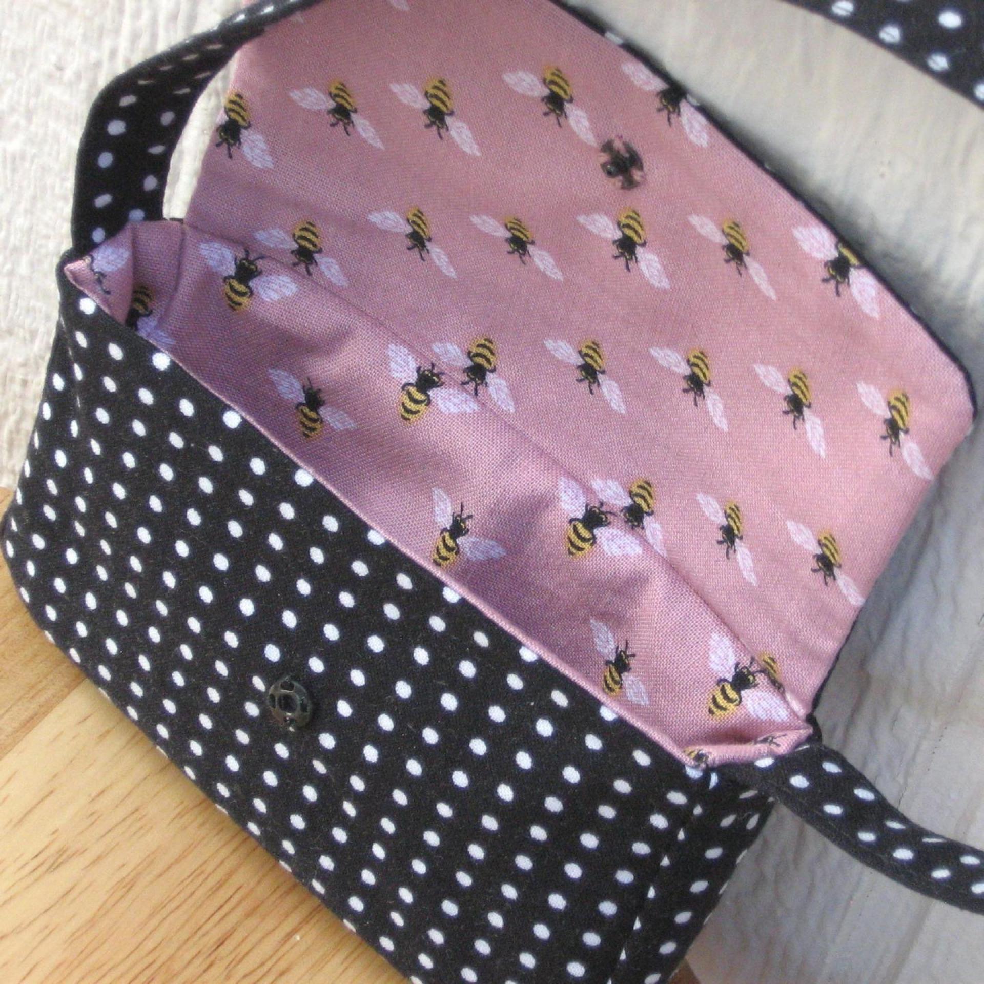Dusty Pink Ruffled Dress for 18-inch Doll, Matching Bag and Headband, Bees and Polka Dots, Travel or Summer Party Outfit