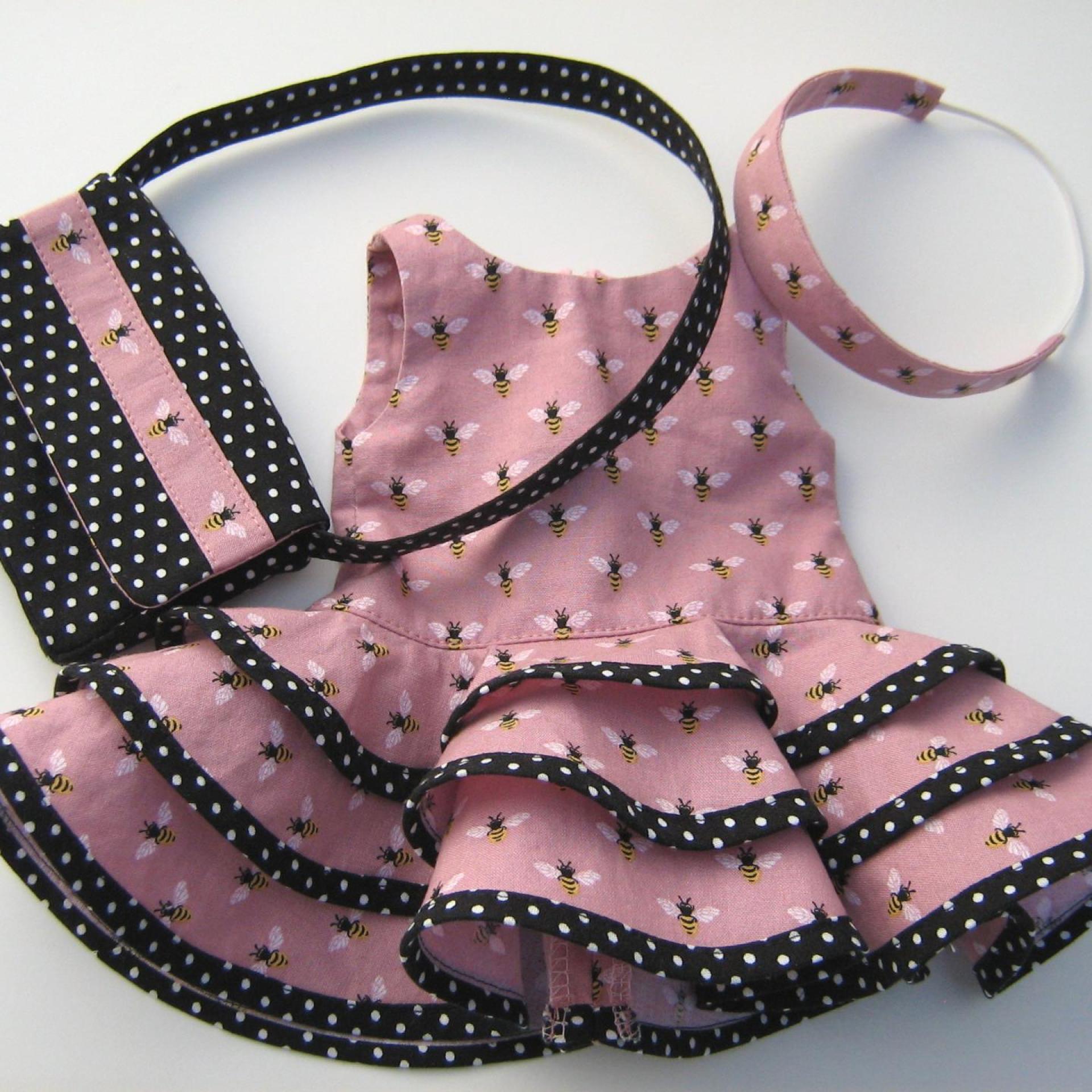 Dusty Pink Ruffled Dress for 18-inch Doll, Matching Bag and Headband, Bees and Polka Dots, Travel or Summer Party Outfit