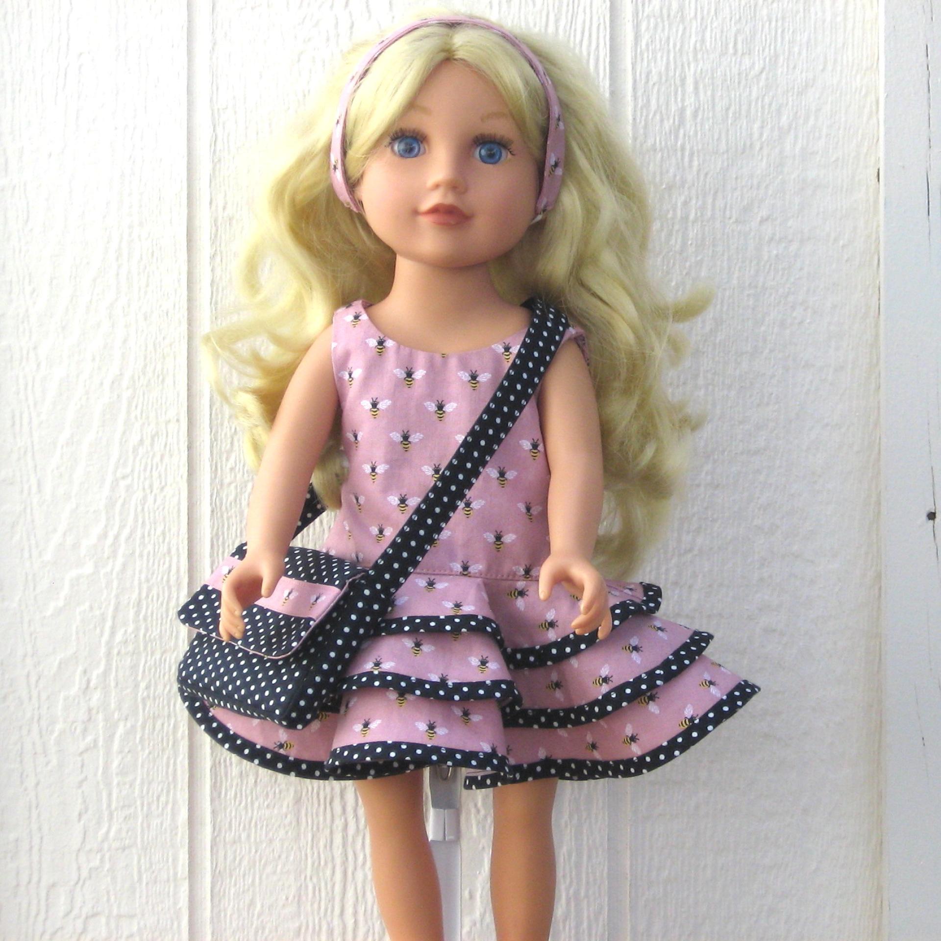 Dusty Pink Ruffled Dress for 18-inch Doll, Matching Bag and Headband, Bees and Polka Dots, Travel or Summer Party Outfit