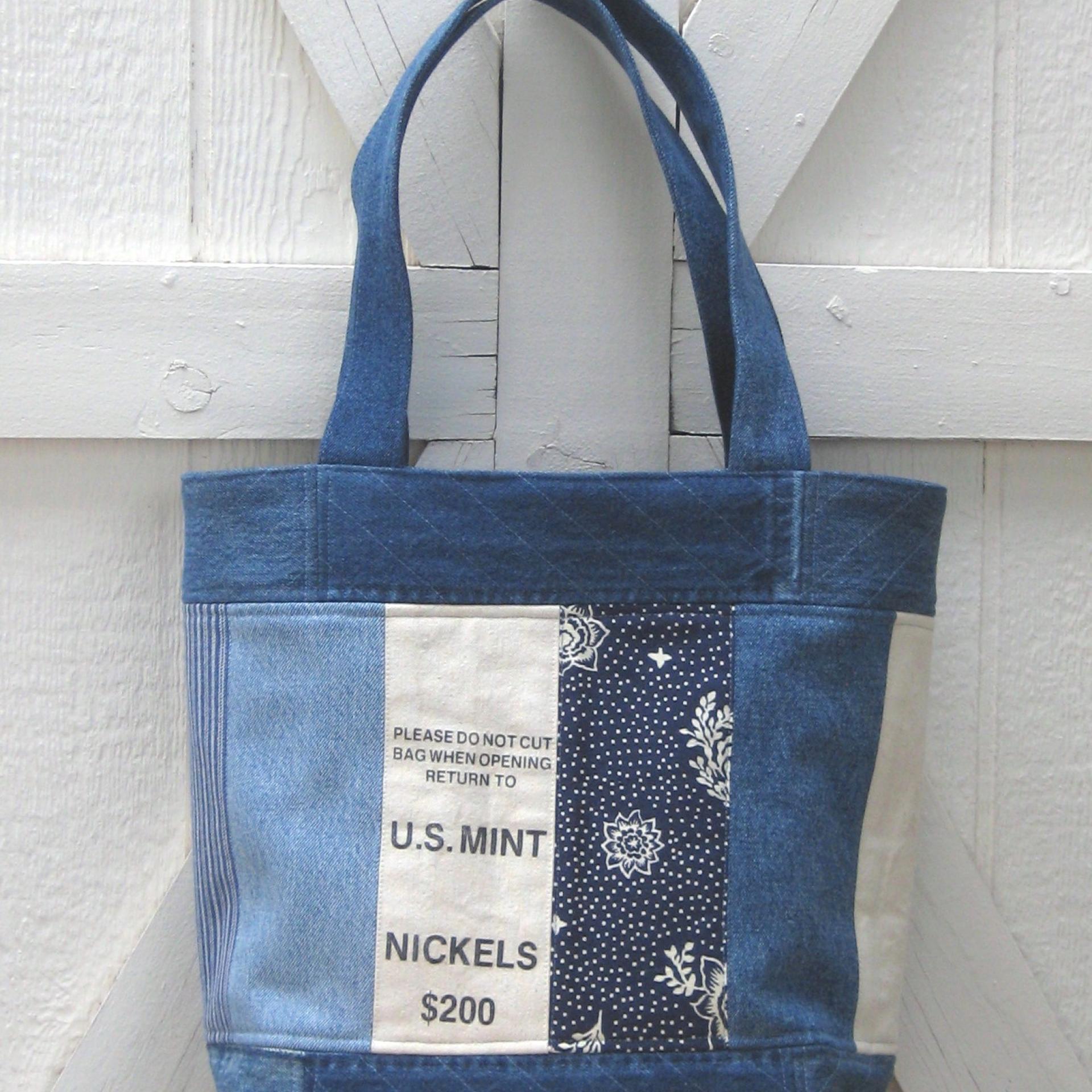 Upcycled Denim Tote in Patchwork Repurposed Blue Jeans Denim & Vintage Coin Bag Cotton, Lined Big Bag with Pockets