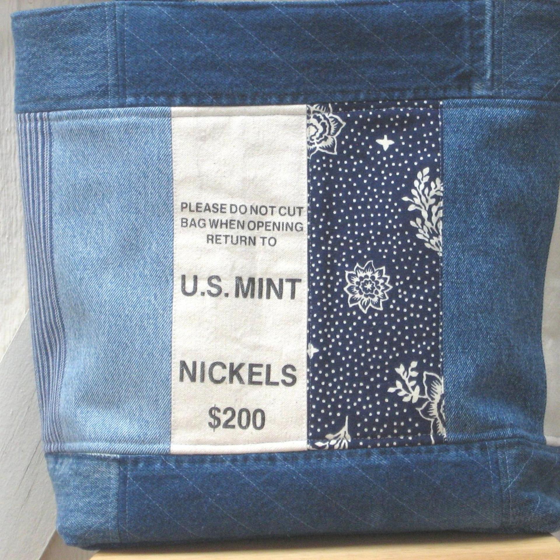 Upcycled Denim Tote in Patchwork Repurposed Blue Jeans Denim & Vintage Coin Bag Cotton, Lined Big Bag with Pockets