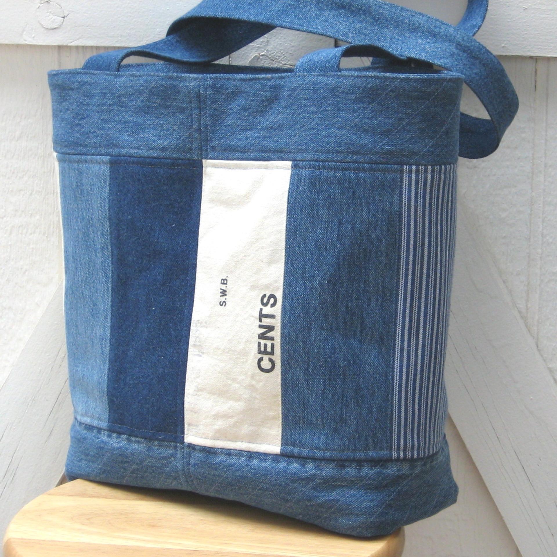 Upcycled Denim Tote in Patchwork Repurposed Blue Jeans Denim & Vintage Coin Bag Cotton, Lined Big Bag with Pockets