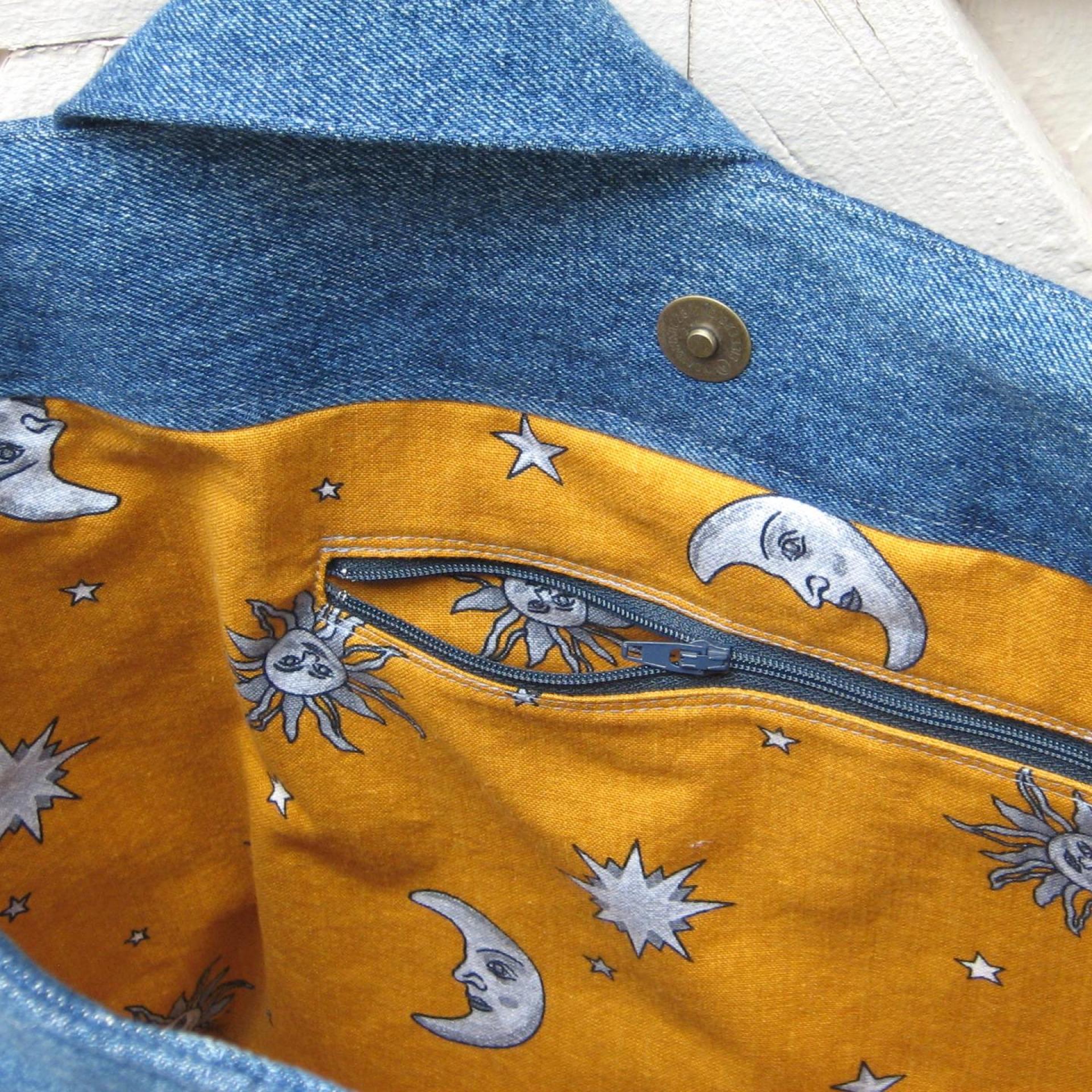 Upcycled Denim Tote in Patchwork Repurposed Blue Jeans Denim & Vintage Coin Bag Cotton, Lined Big Bag with Pockets