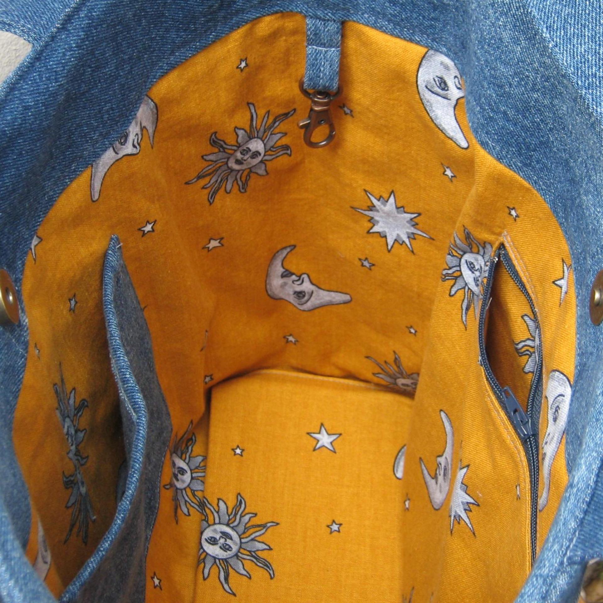 Upcycled Denim Tote in Patchwork Repurposed Blue Jeans Denim & Vintage Coin Bag Cotton, Lined Big Bag with Pockets