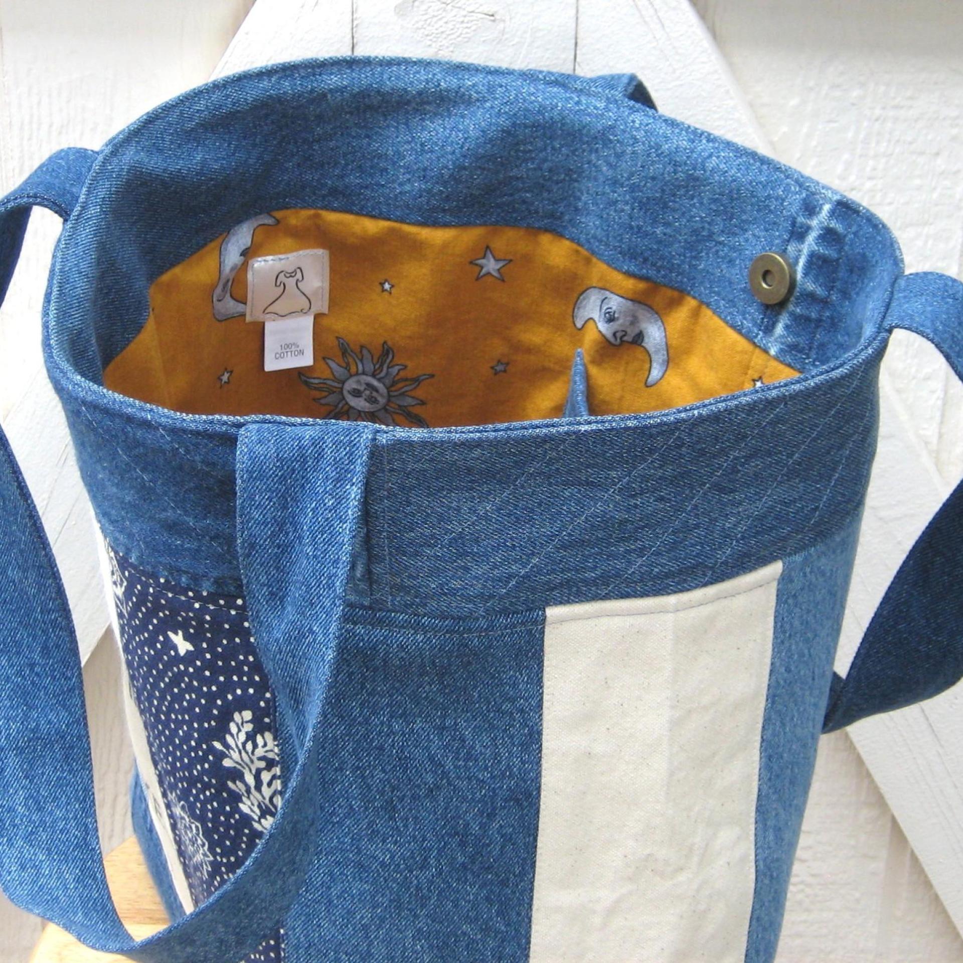 Upcycled Denim Tote in Patchwork Repurposed Blue Jeans Denim & Vintage Coin Bag Cotton, Lined Big Bag with Pockets