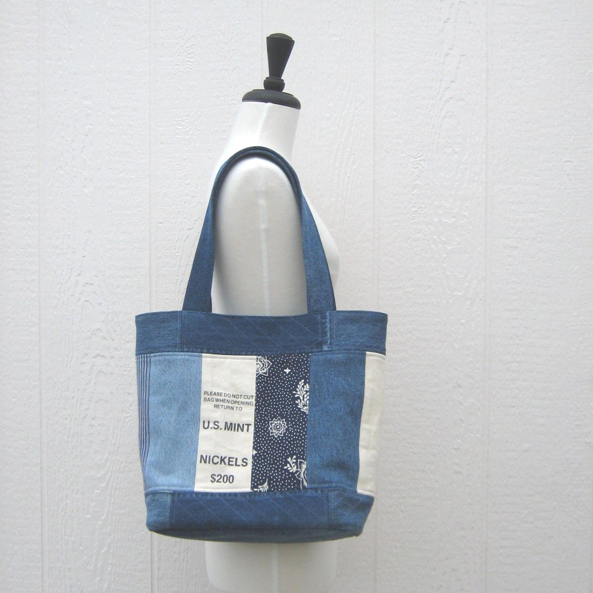 Upcycled Denim Tote in Patchwork Repurposed Blue Jeans Denim & Vintage Coin Bag Cotton, Lined Big Bag with Pockets