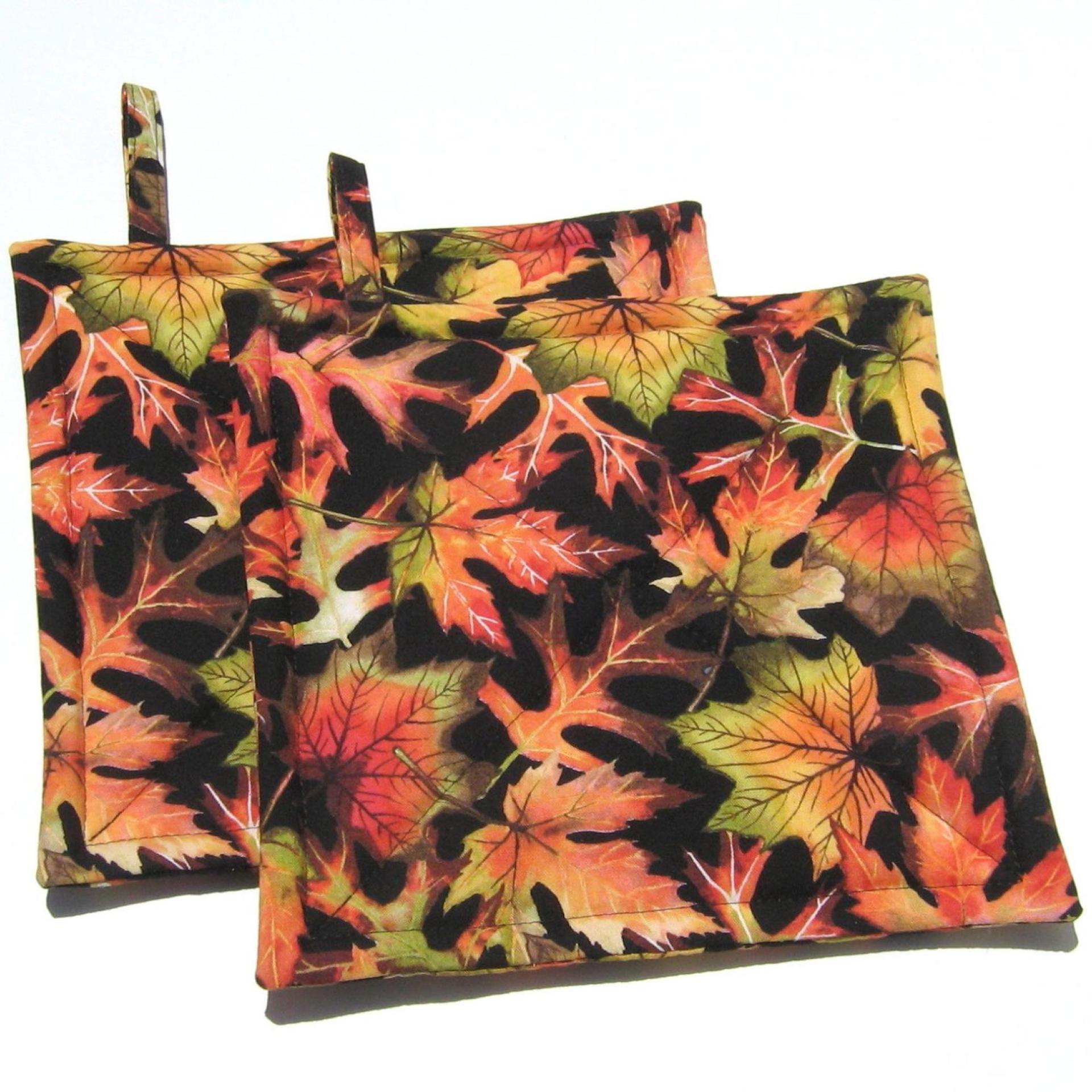 Swirling Autumn Leaves Potholders, Colorful Red Gold Maple Leaf Hot Pads, USA Made Housewarming or Hostess Gift