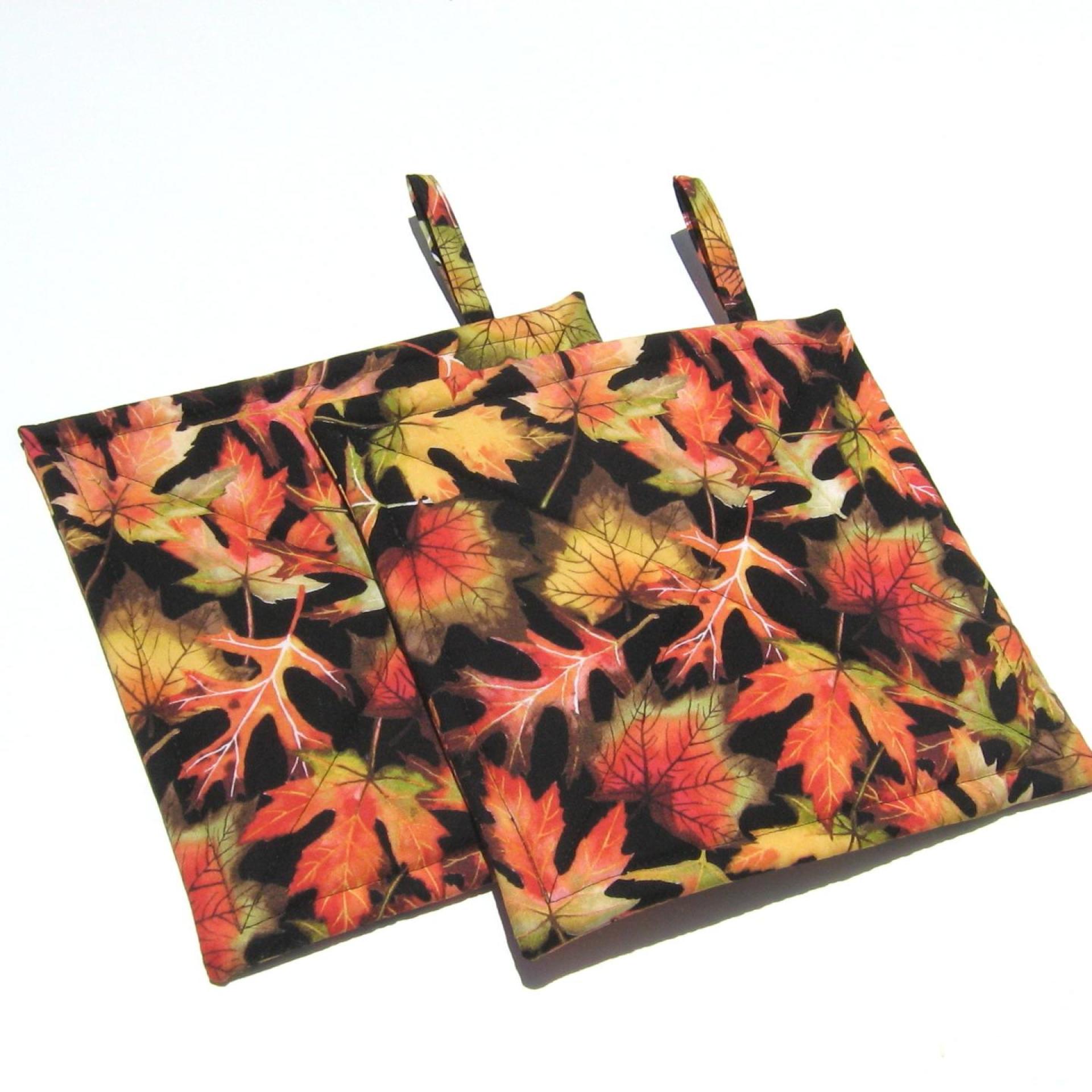 Swirling Autumn Leaves Potholders, Colorful Red Gold Maple Leaf Hot Pads, USA Made Housewarming or Hostess Gift
