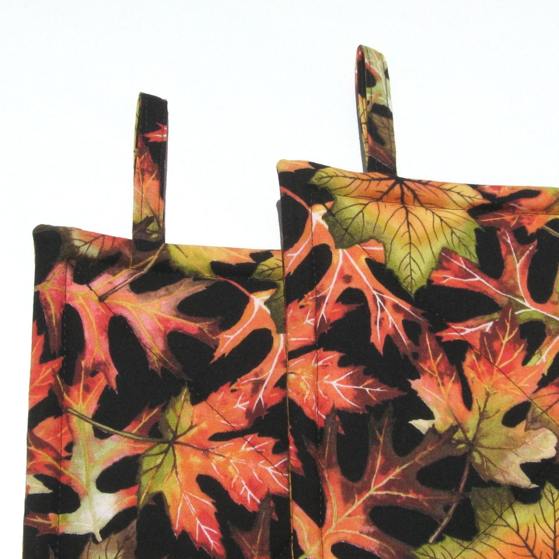 Swirling Autumn Leaves Potholders, Colorful Red Gold Maple Leaf Hot Pads, USA Made Housewarming or Hostess Gift