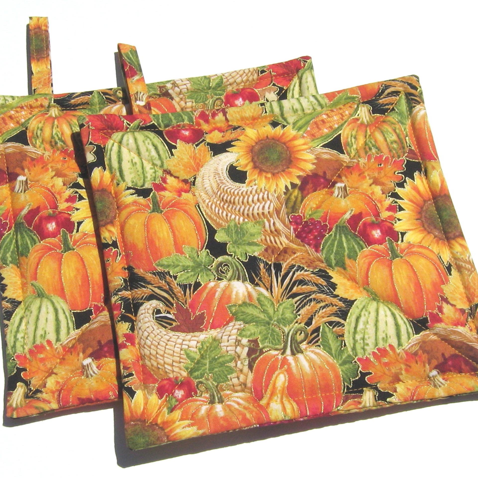 Autumn Harvest Potholders, Hot Pads w. Pumpkins, Sunflowers and Apples, USA Made Housewarming or Hostess Gift