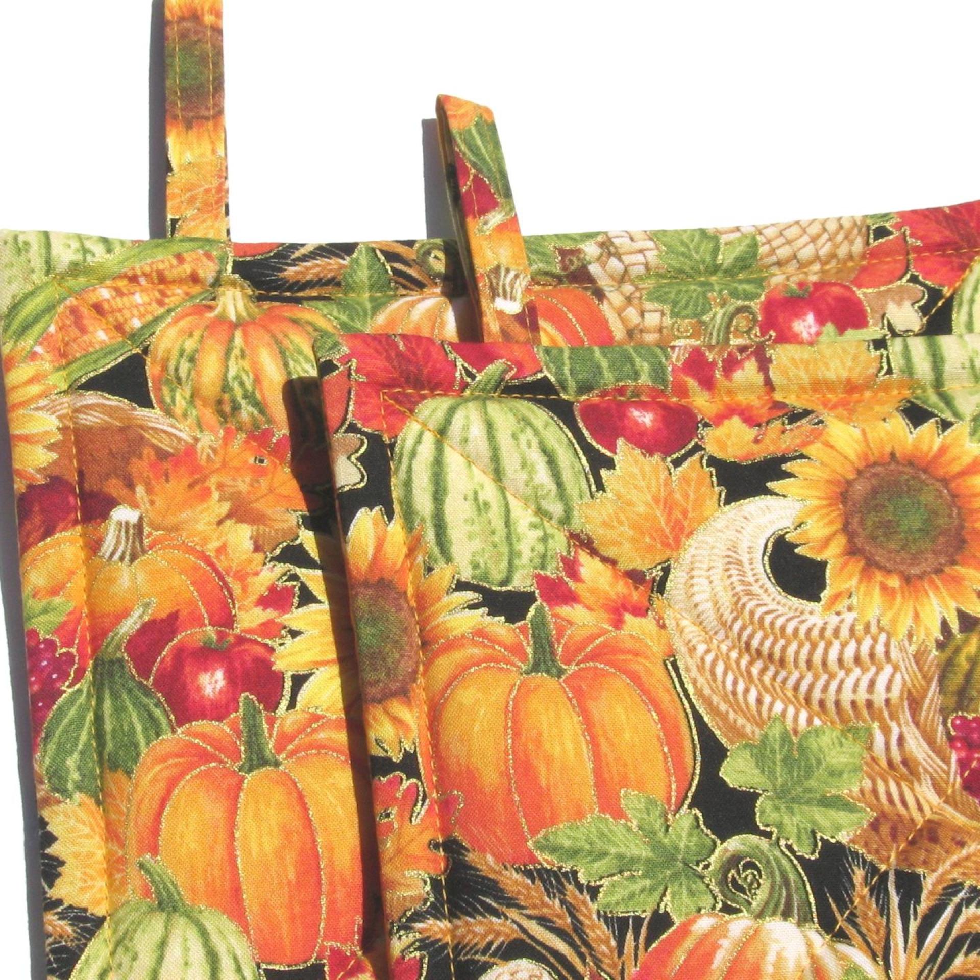 Autumn Harvest Potholders, Hot Pads w. Pumpkins, Sunflowers and Apples, USA Made Housewarming or Hostess Gift