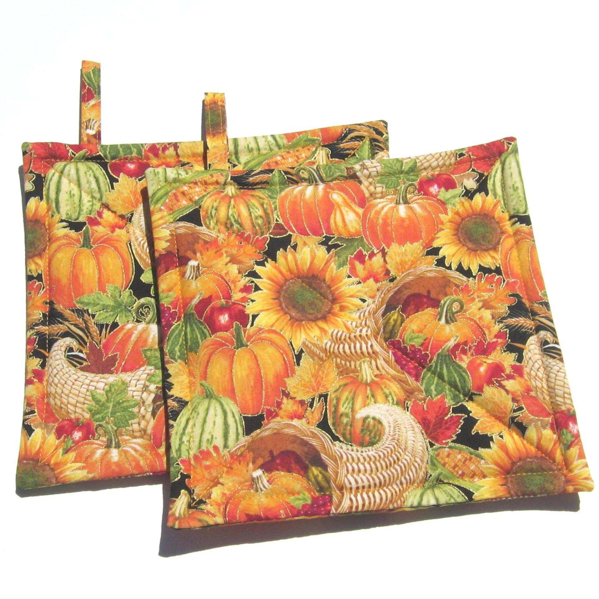 Autumn Harvest Potholders, Hot Pads w. Pumpkins, Sunflowers and Apples, USA Made Housewarming or Hostess Gift