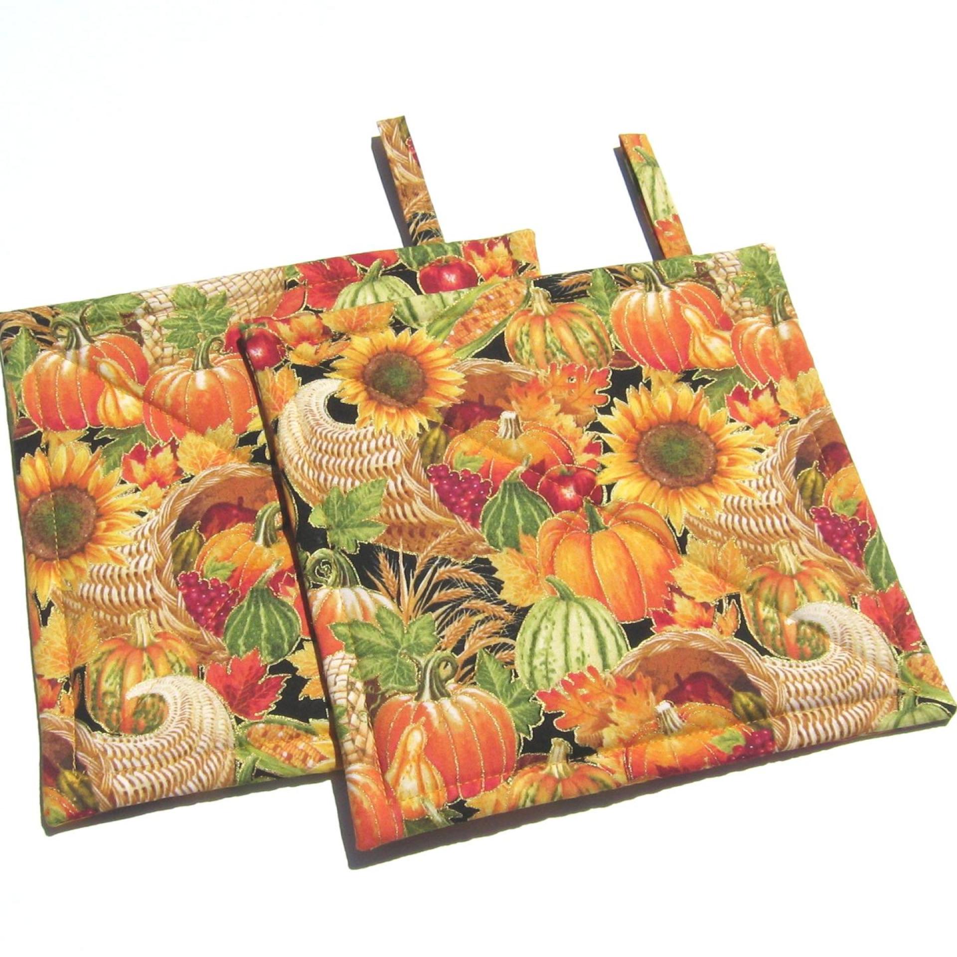 Autumn Harvest Potholders, Hot Pads w. Pumpkins, Sunflowers and Apples, USA Made Housewarming or Hostess Gift