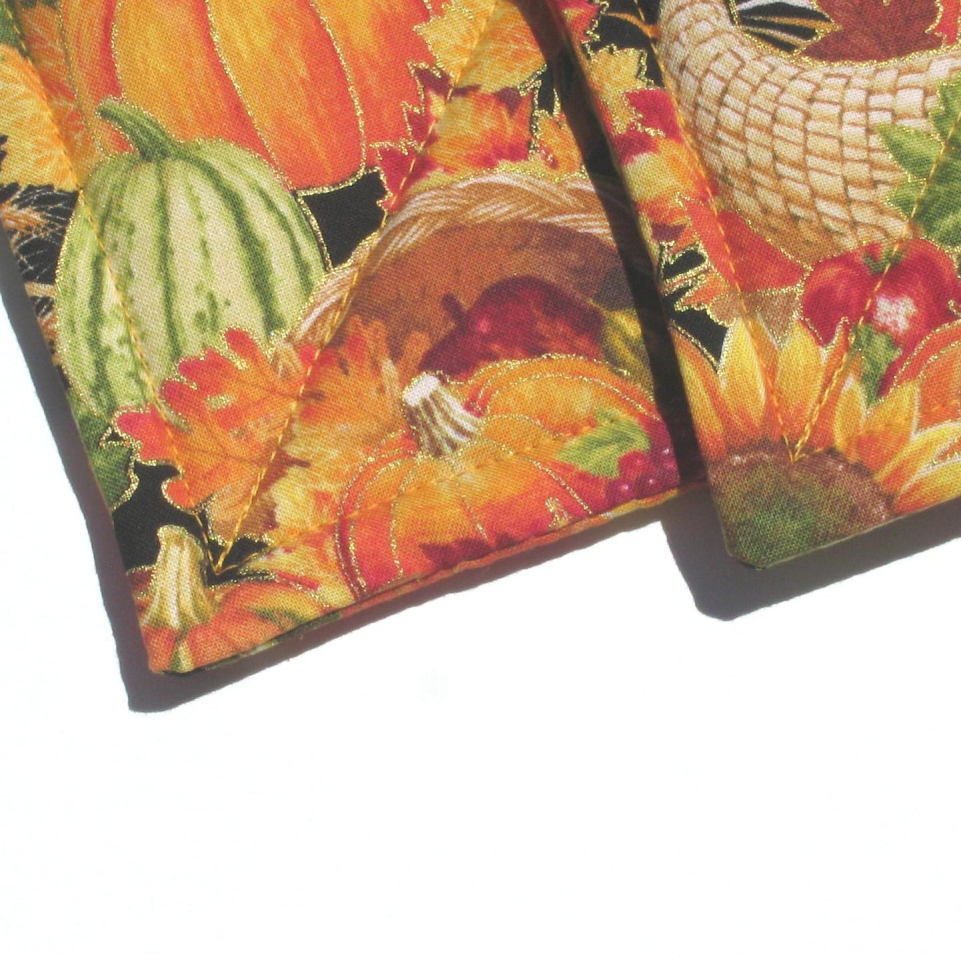 Autumn Harvest Potholders, Hot Pads w. Pumpkins, Sunflowers and Apples, USA Made Housewarming or Hostess Gift