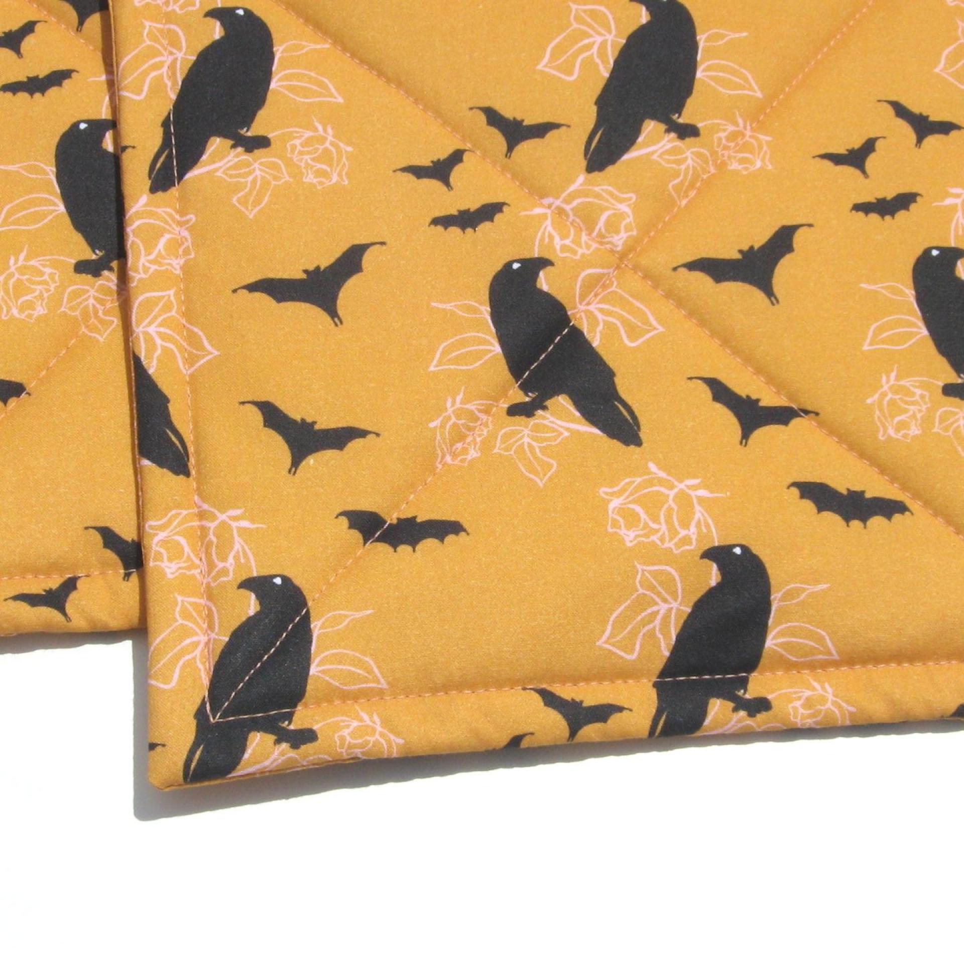 Crows and Bats Halloween Potholders, Orange and Black Hot Pads, Haunted House Décor, USA Made Housewarming or Hostess Gift