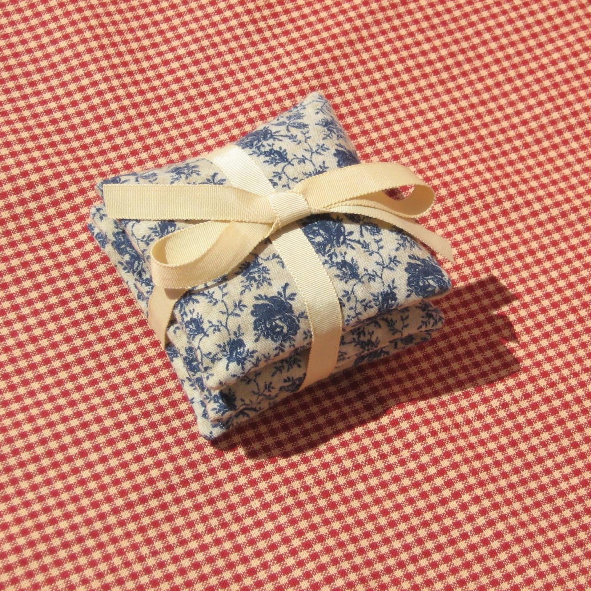 Handmade Lavender Sachets, Set of 3, Vintage Blue & Tan Floral Cotton Print, Drawer Freshener, Gift for Her, 3 x 3 Inch Scented Mini Fabric Bags