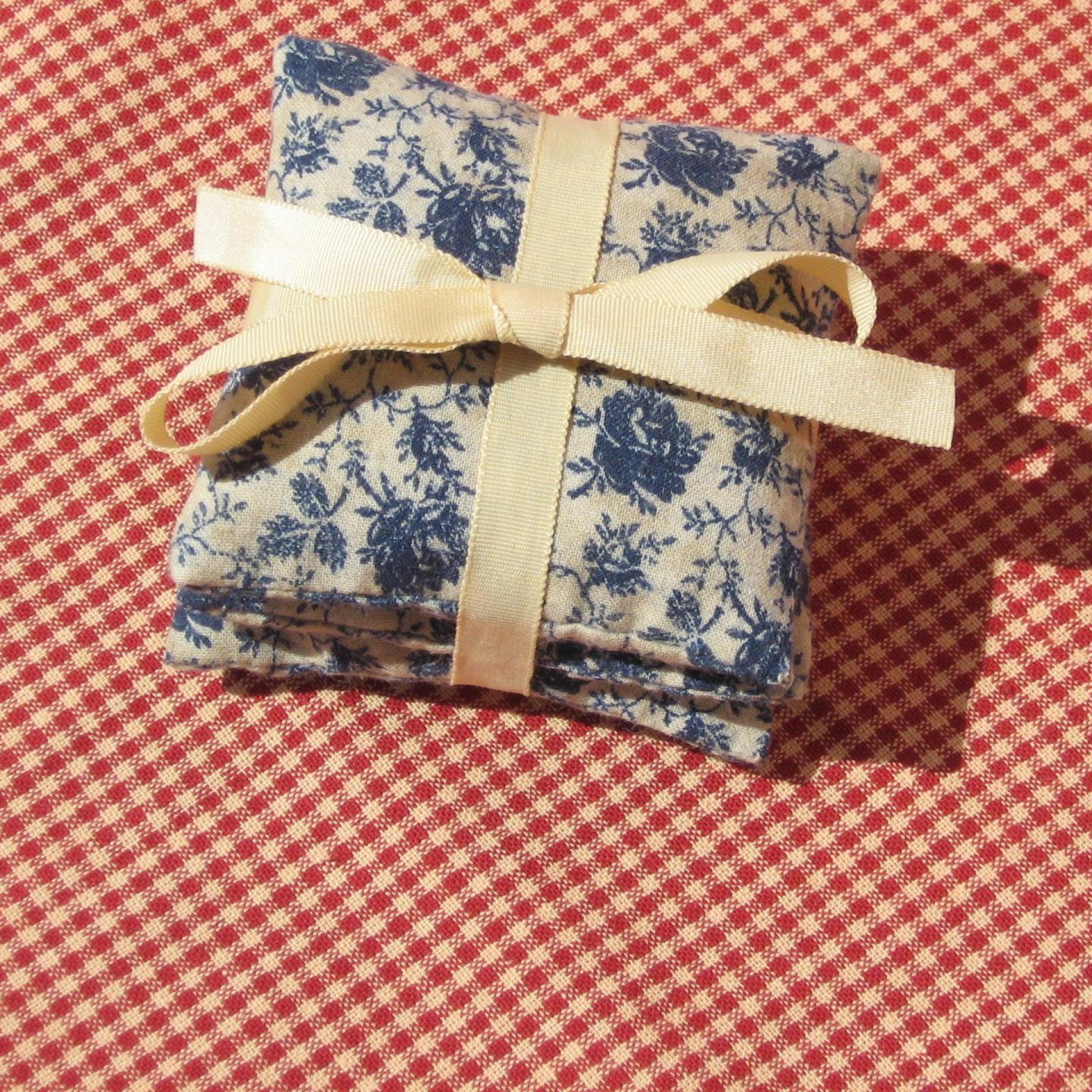 Handmade Lavender Sachets, Set of 3, Vintage Blue & Tan Floral Cotton Print, Drawer Freshener, Gift for Her, 3 x 3 Inch Scented Mini Fabric Bags