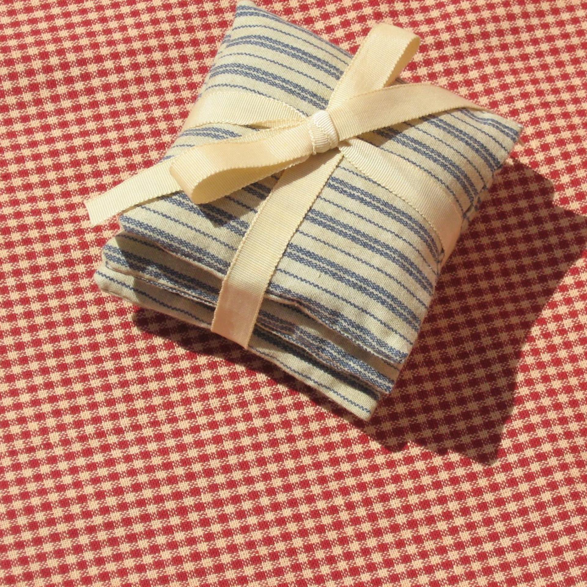 Handmade Lavender Sachets, Set of 3, Vintage Style Blue & Tan Ticking Stripe Cotton Print, Gift for Her, 3 x 3 Inch Scented Mini Fabric Bags