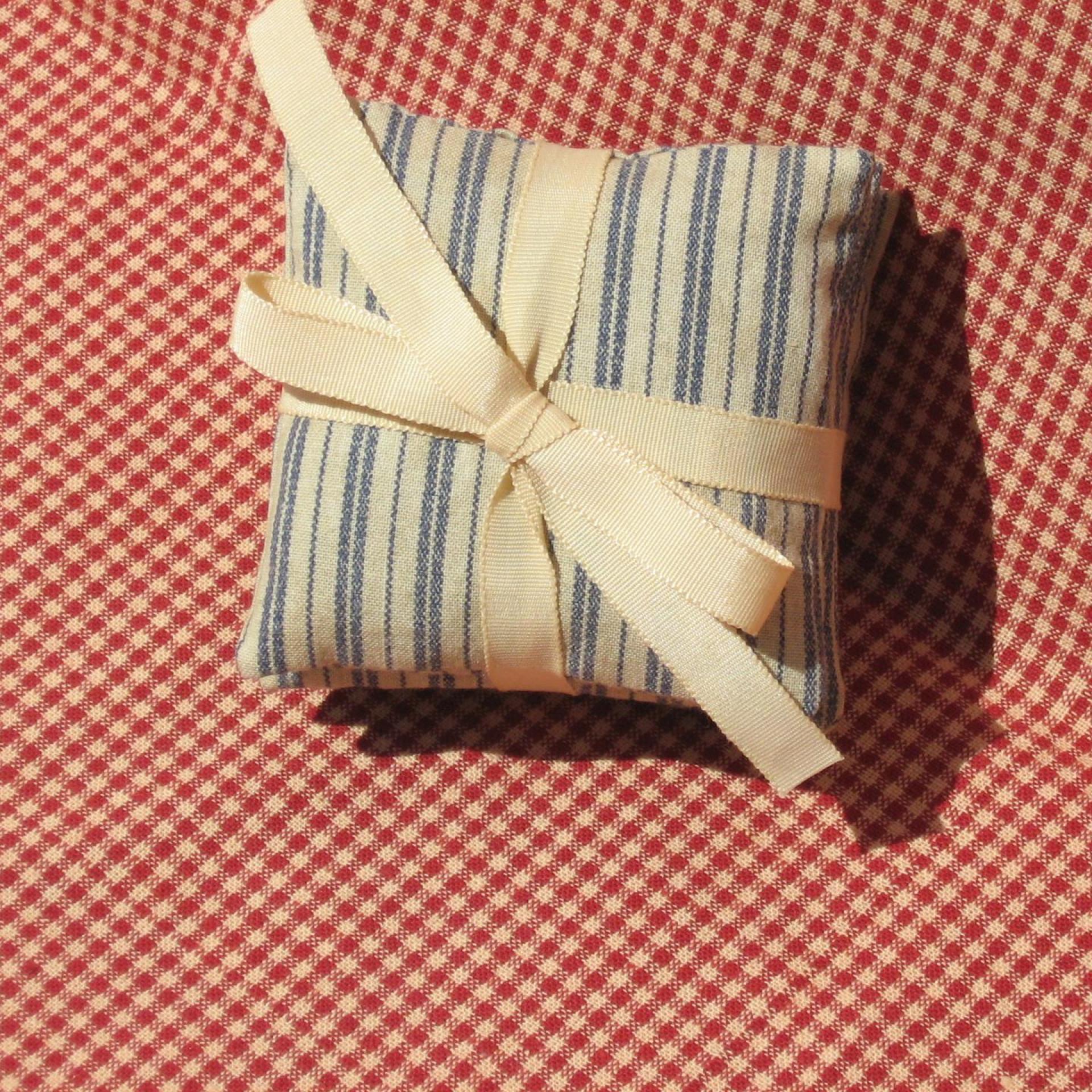 Handmade Lavender Sachets, Set of 3, Vintage Style Blue & Tan Ticking Stripe Cotton Print, Gift for Her, 3 x 3 Inch Scented Mini Fabric Bags