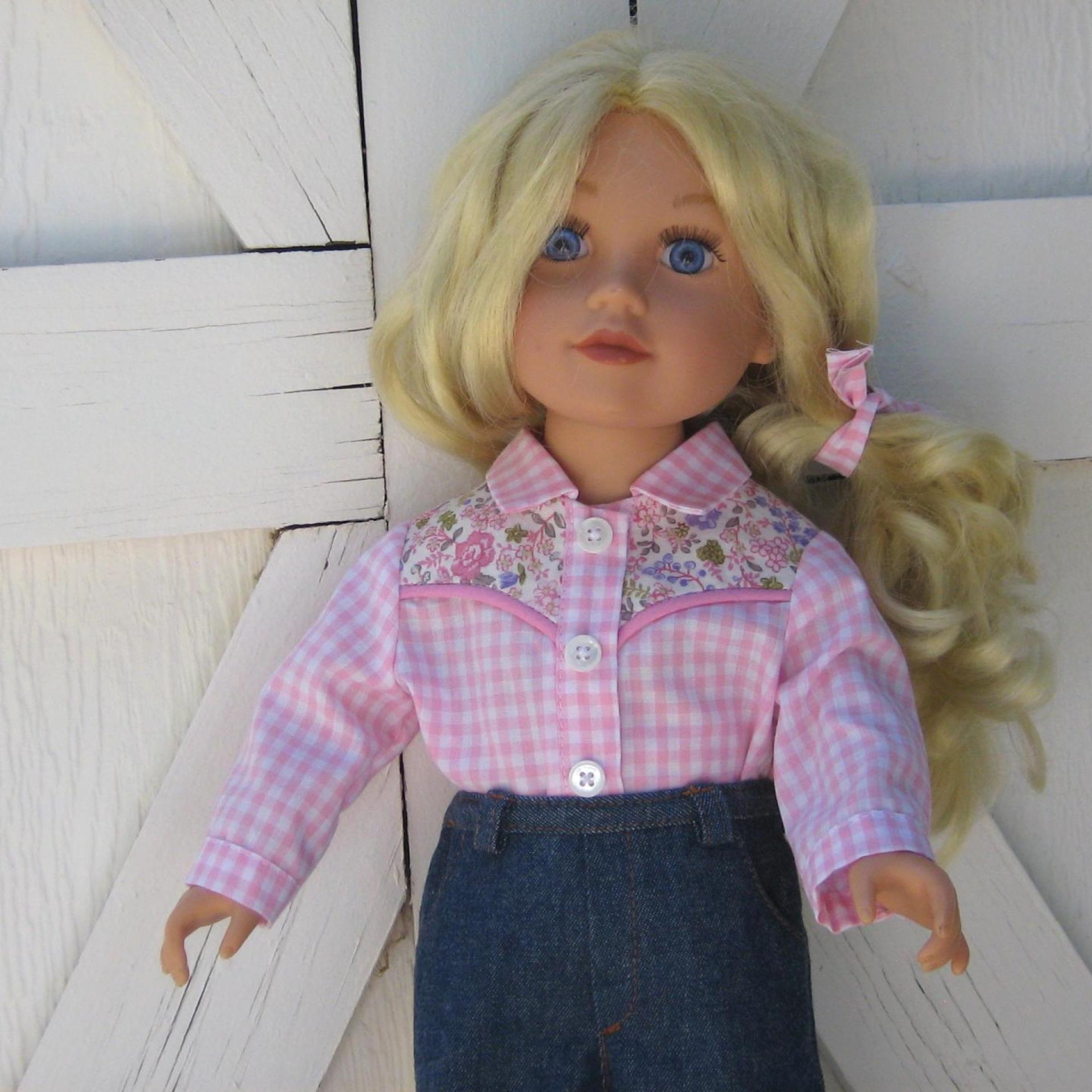 Cowgirl Shirt and Blue Jeans for 18 Inch Doll, Western Outfit in Pink Gingham and Blue Denim, Collared Shirt and 4-Pocket Jeans
