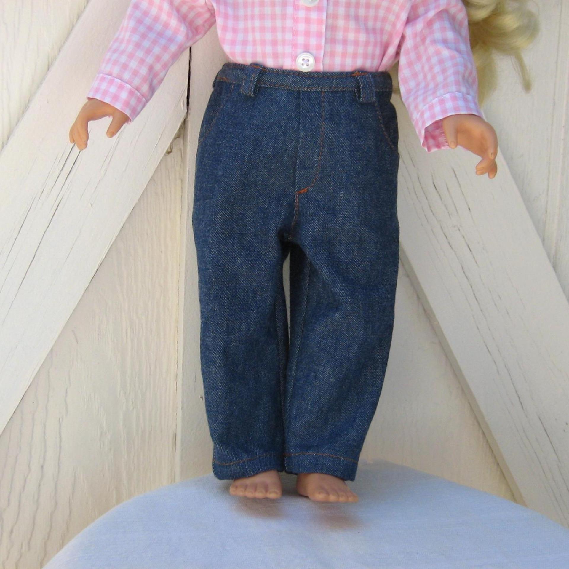 Cowgirl Shirt and Blue Jeans for 18 Inch Doll, Western Outfit in Pink Gingham and Blue Denim, Collared Shirt and 4-Pocket Jeans