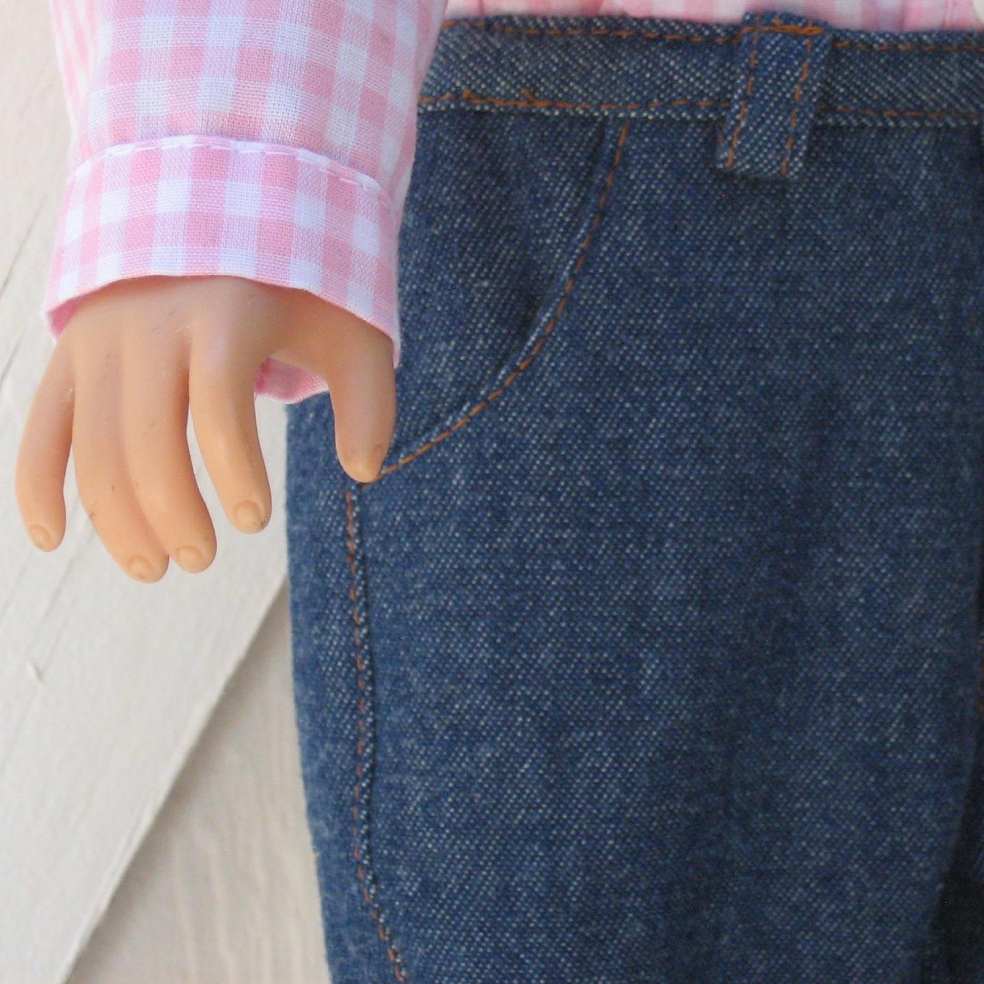 Cowgirl Shirt and Blue Jeans for 18 Inch Doll, Western Outfit in Pink Gingham and Blue Denim, Collared Shirt and 4-Pocket Jeans