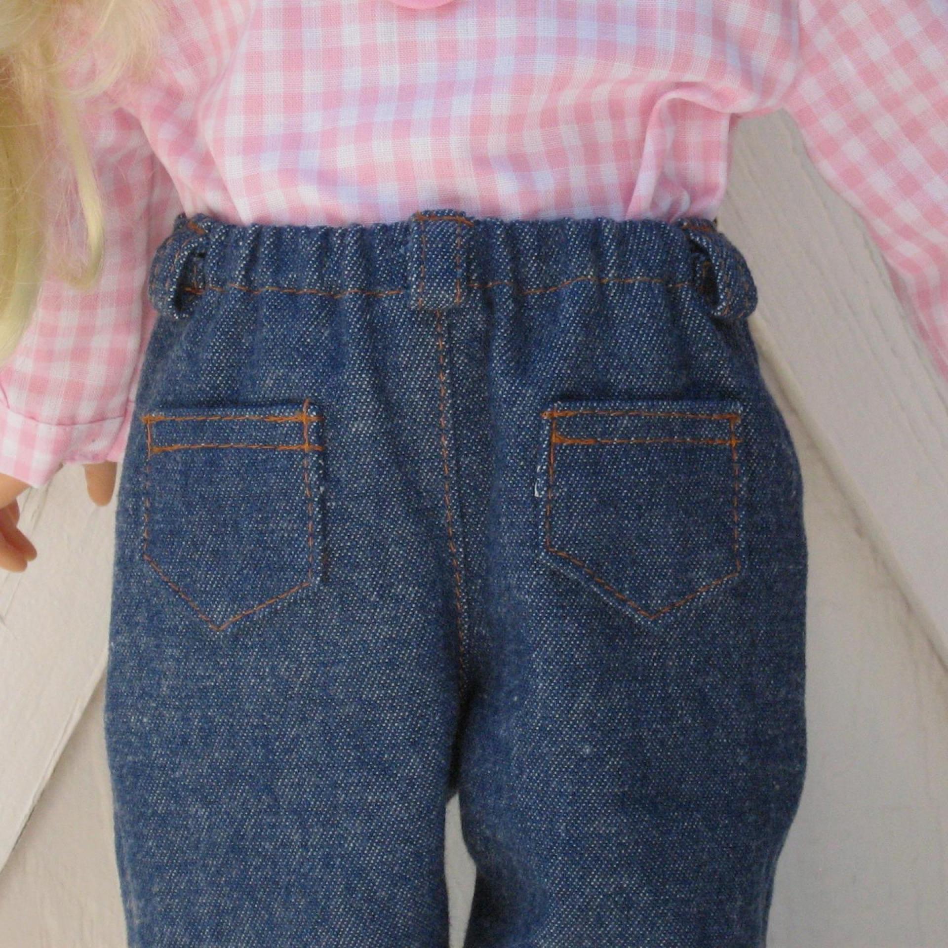 Cowgirl Shirt and Blue Jeans for 18 Inch Doll, Western Outfit in Pink Gingham and Blue Denim, Collared Shirt and 4-Pocket Jeans