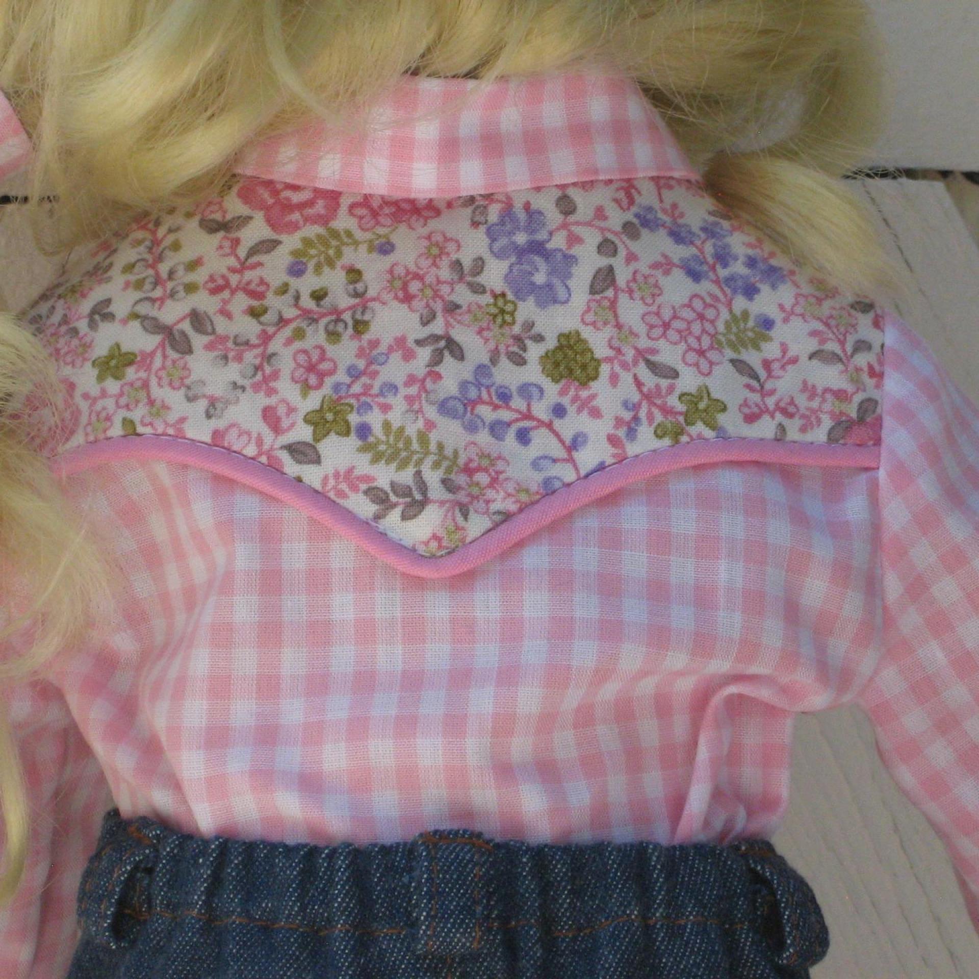 Cowgirl Shirt and Blue Jeans for 18 Inch Doll, Western Outfit in Pink Gingham and Blue Denim, Collared Shirt and 4-Pocket Jeans