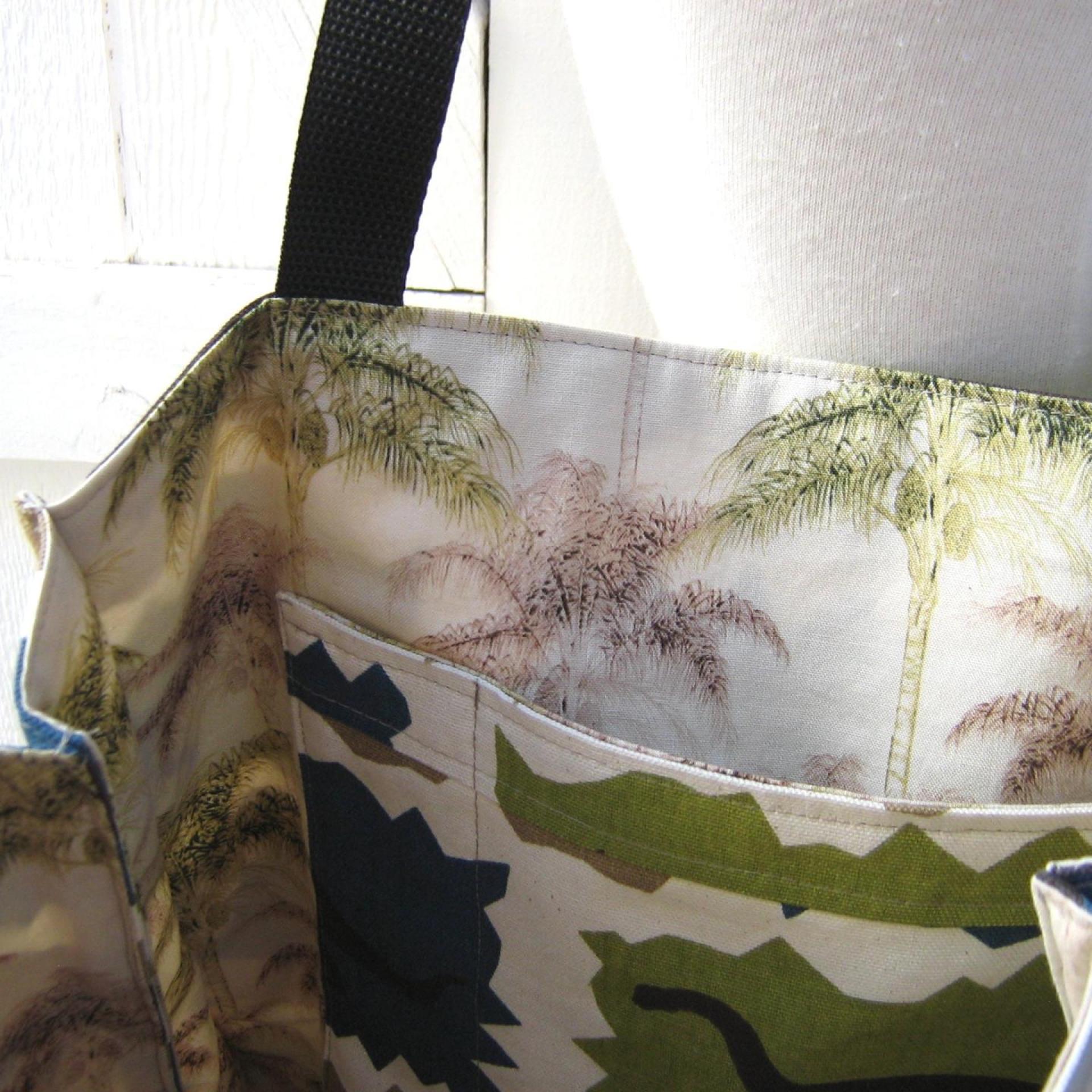 Dinosaur Tote, Funky Lined Bag with Inside Pocket, Perfect for Groceries, Books and Travel, Green, Teal & Taupe Cotton Bag, Handcrafted in New Mexico