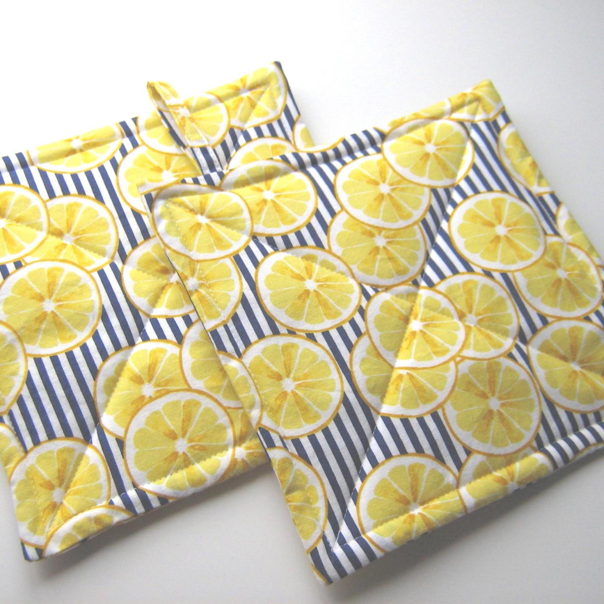 Lemon Slice Potholders with Navy & White Stripes, Blue & Yellow Retro Style Kitchen Décor, USA Handmade Hostess, Housewarming Gift