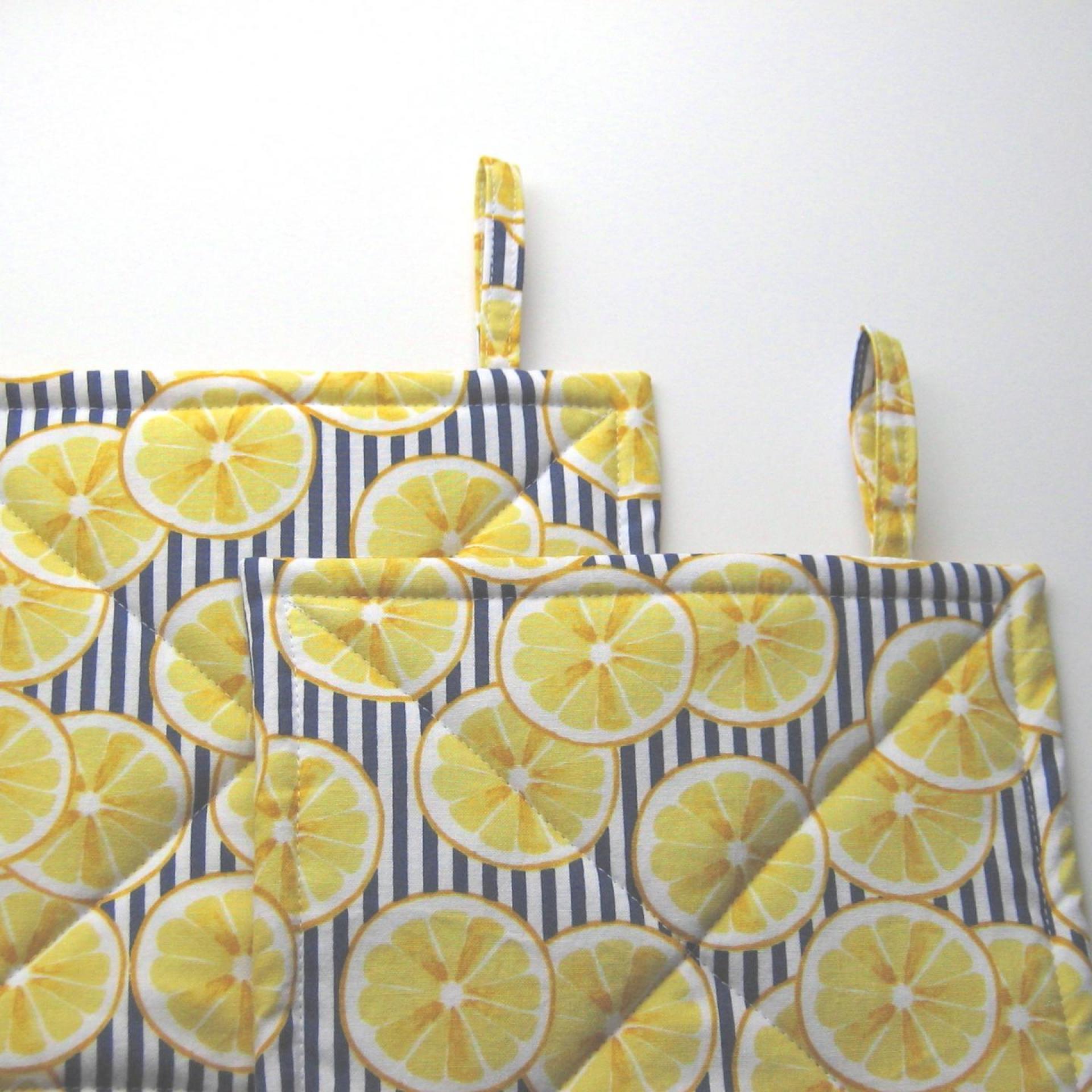 Lemon Slice Potholders with Navy & White Stripes, Blue & Yellow Retro Style Kitchen Décor, USA Handmade Hostess, Housewarming Gift