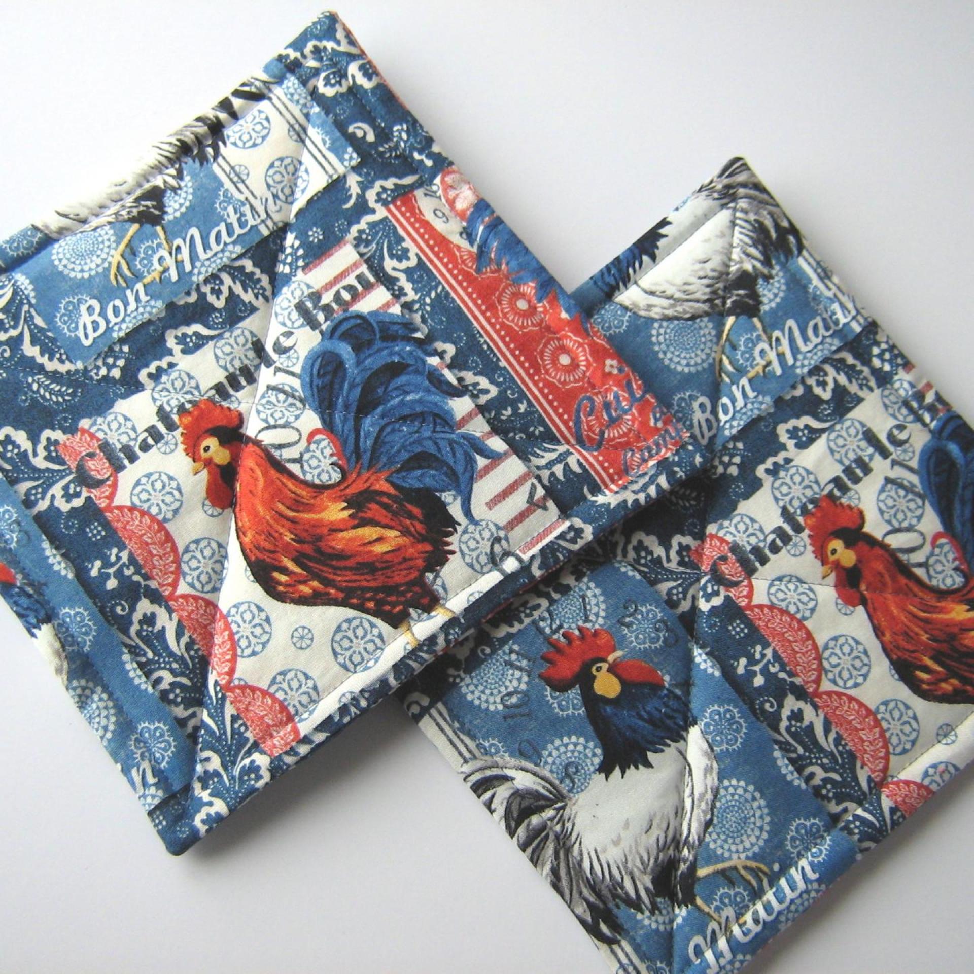 French Country Rooster Potholders, Handmade Quilted Hot Pads, Hostess, Housewarming Gift