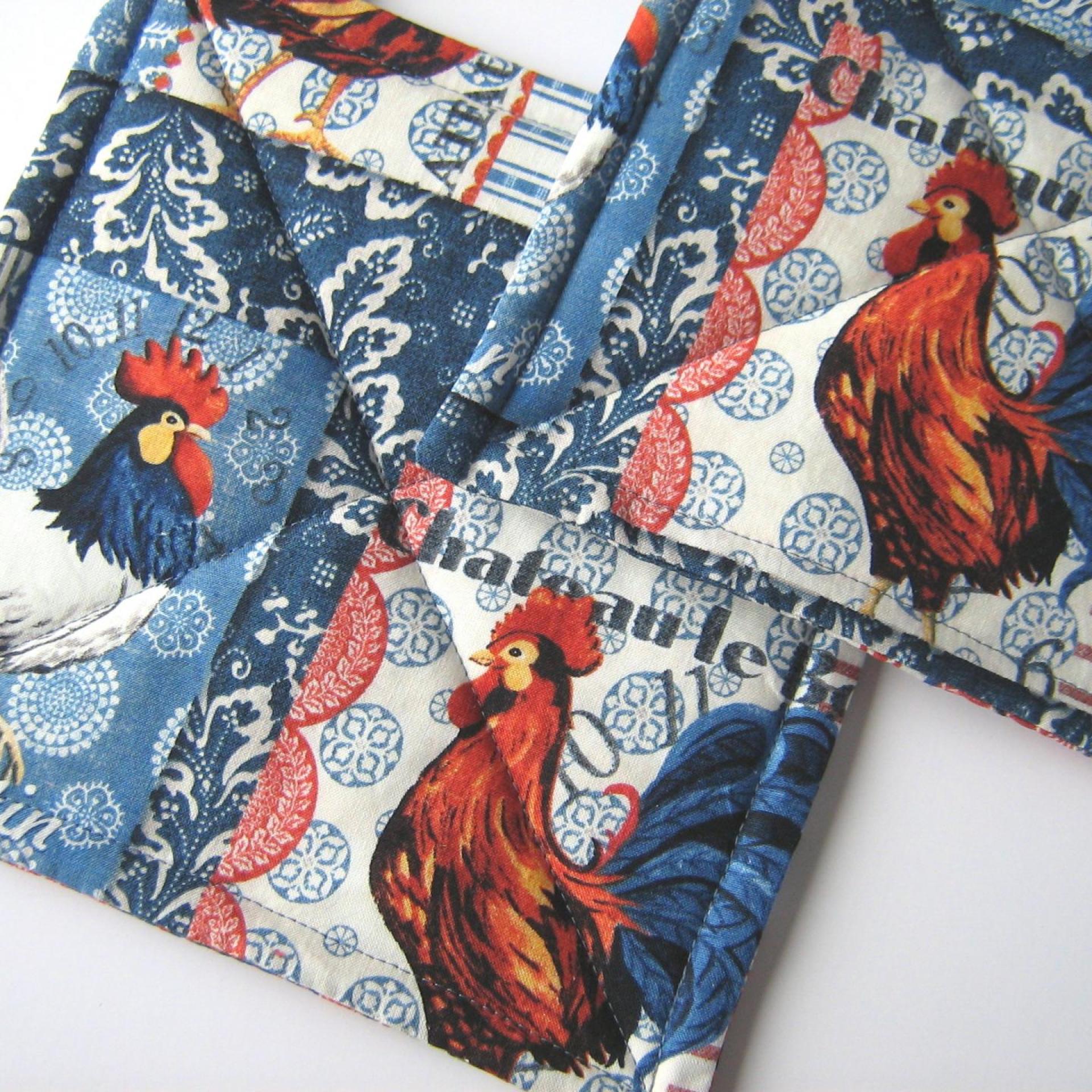 French Country Rooster Potholders, Handmade Quilted Hot Pads, Hostess, Housewarming Gift
